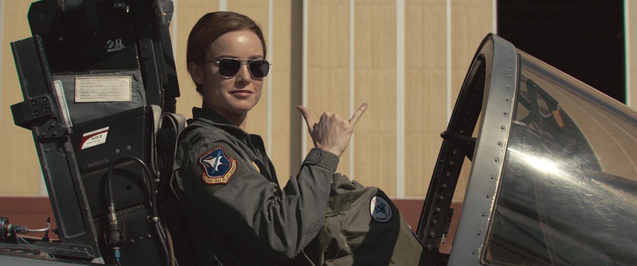 Carol Danvers sits in a fighter jet