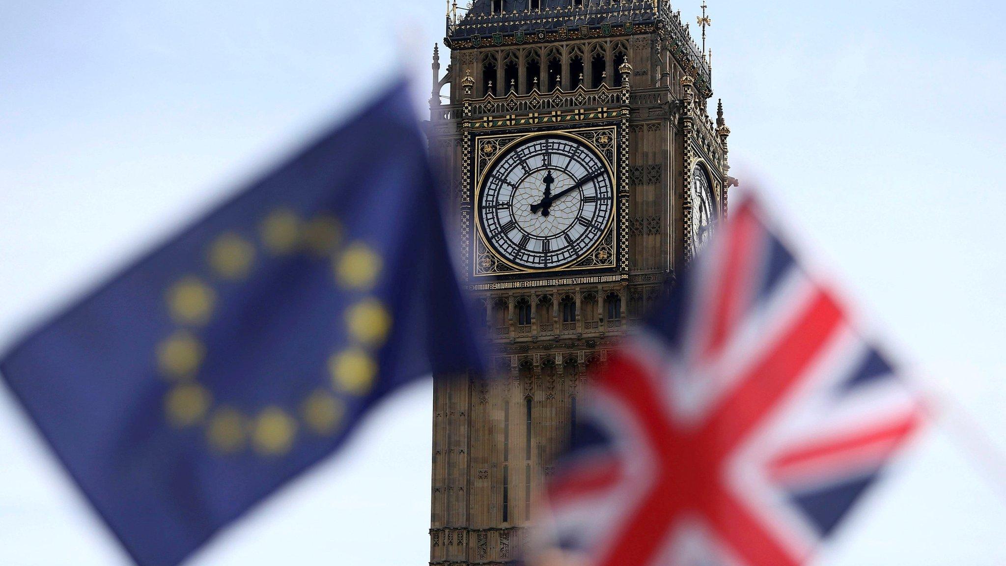 British flag and EU flag in Parliament Square in London, June 19, 2016