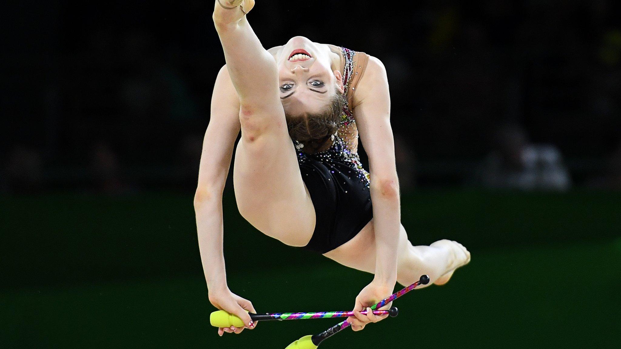 England's Hannah Martin competes in the clubs event of the rhythmic gymnastics individual all-around final during the 2018 Gold Coast Commonwealth Games at the Coomera Indoor Sports Centre on the Gold Coast on April 12, 2018