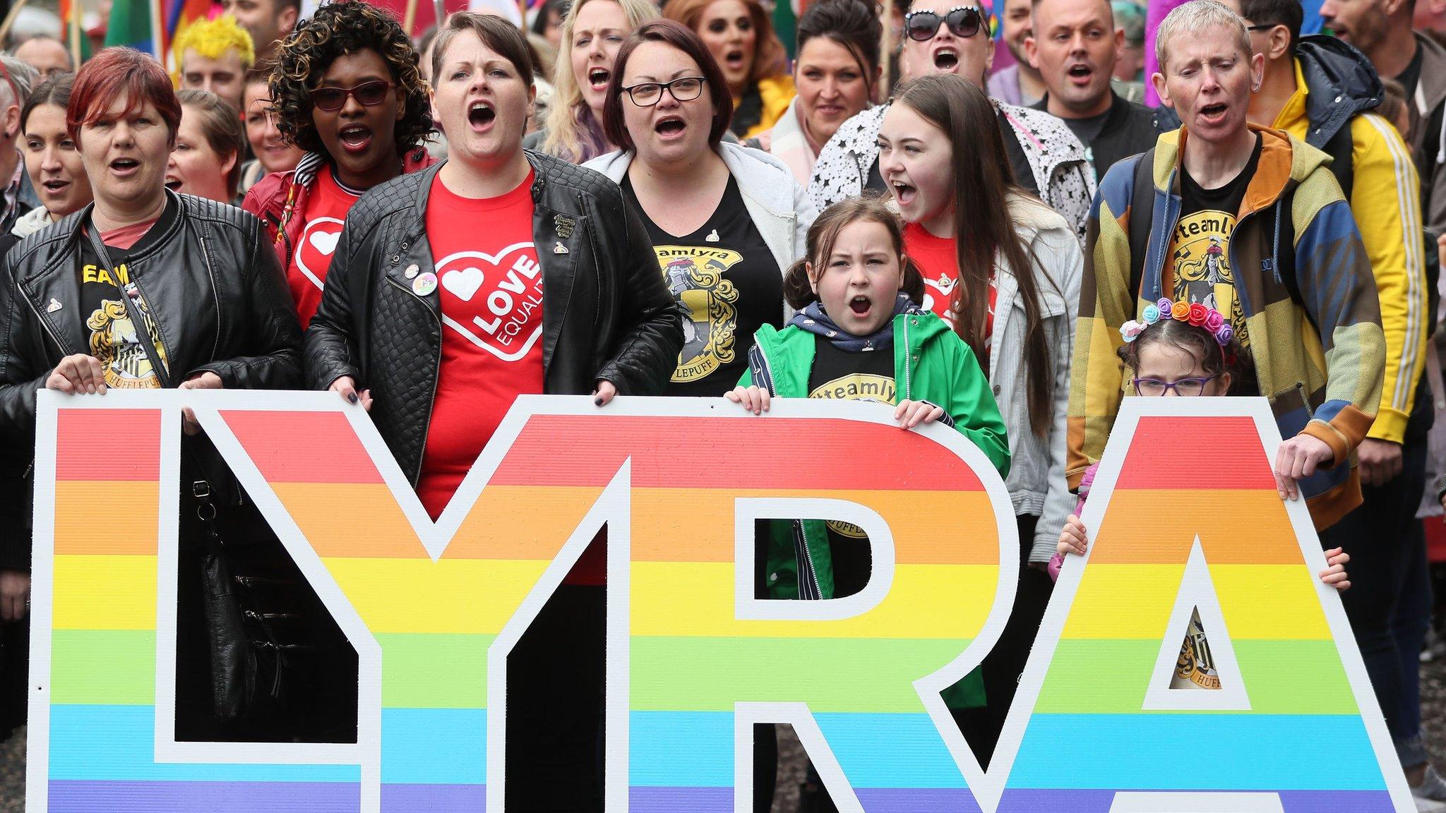 Sara Canning (front centre left), partner of murdered journalist Lyra McKee, marching with protesters through Belfast city centre demanding same sex marriage in Northern Ireland.