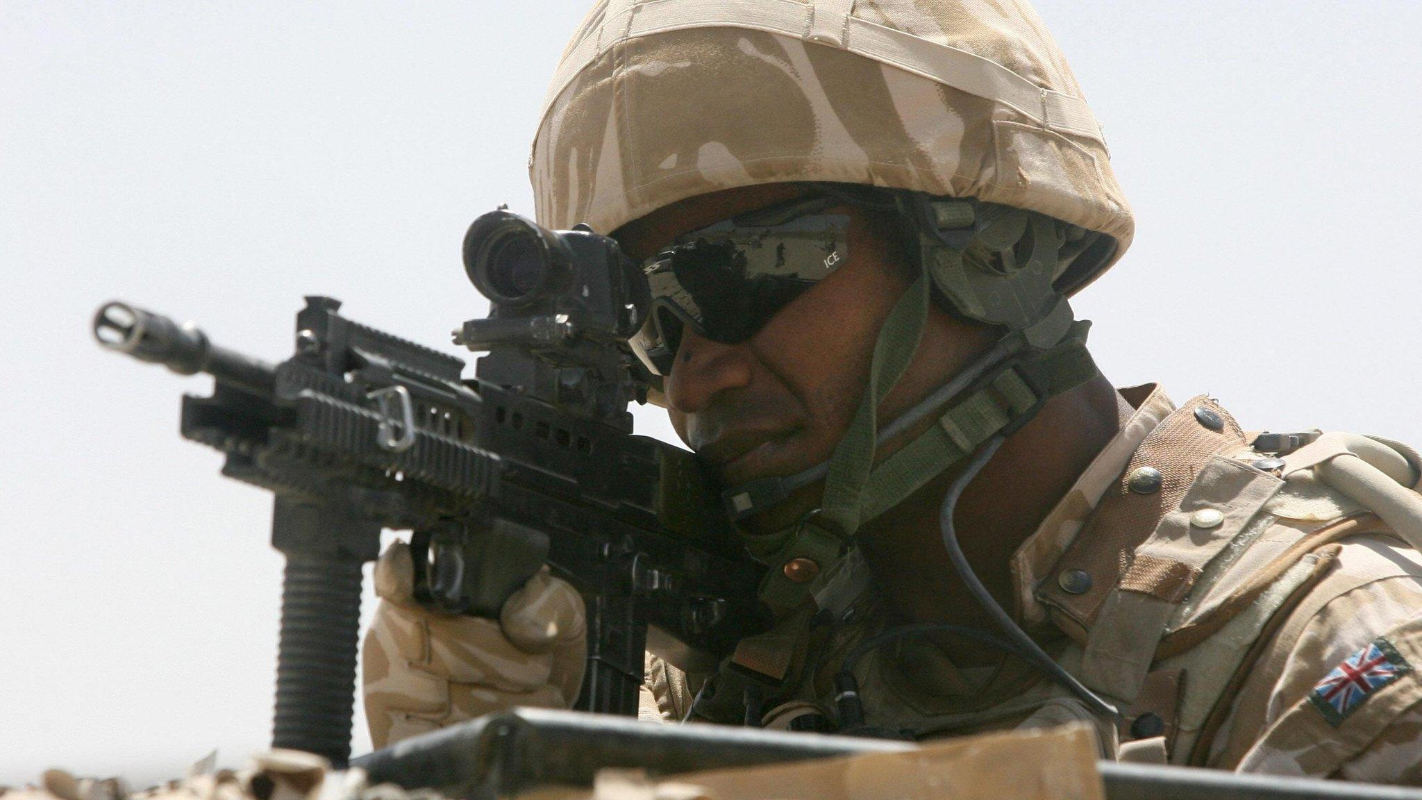 A British soldier looking through a gun sight