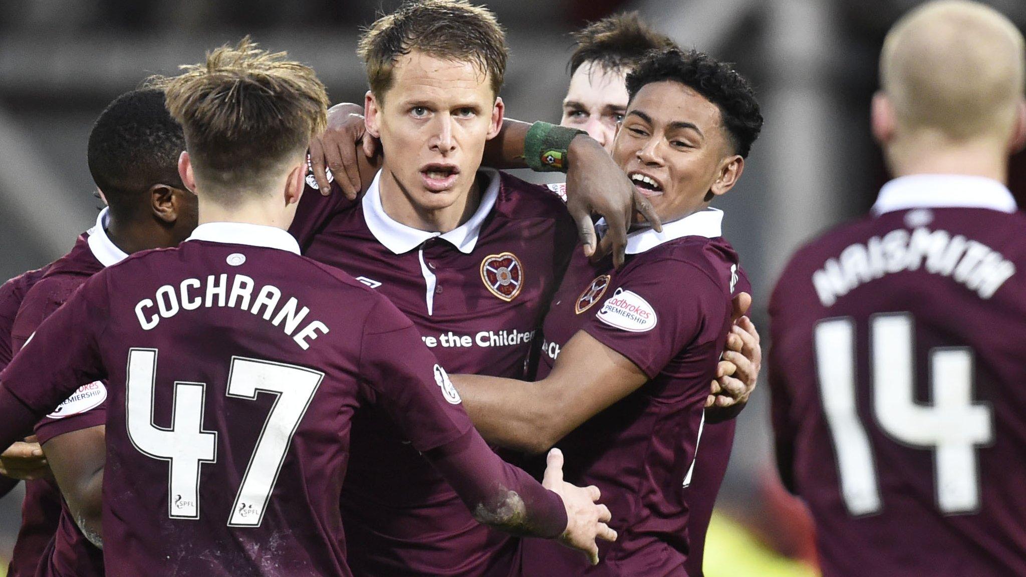 Hearts celebrate their late winner at Tynecastle