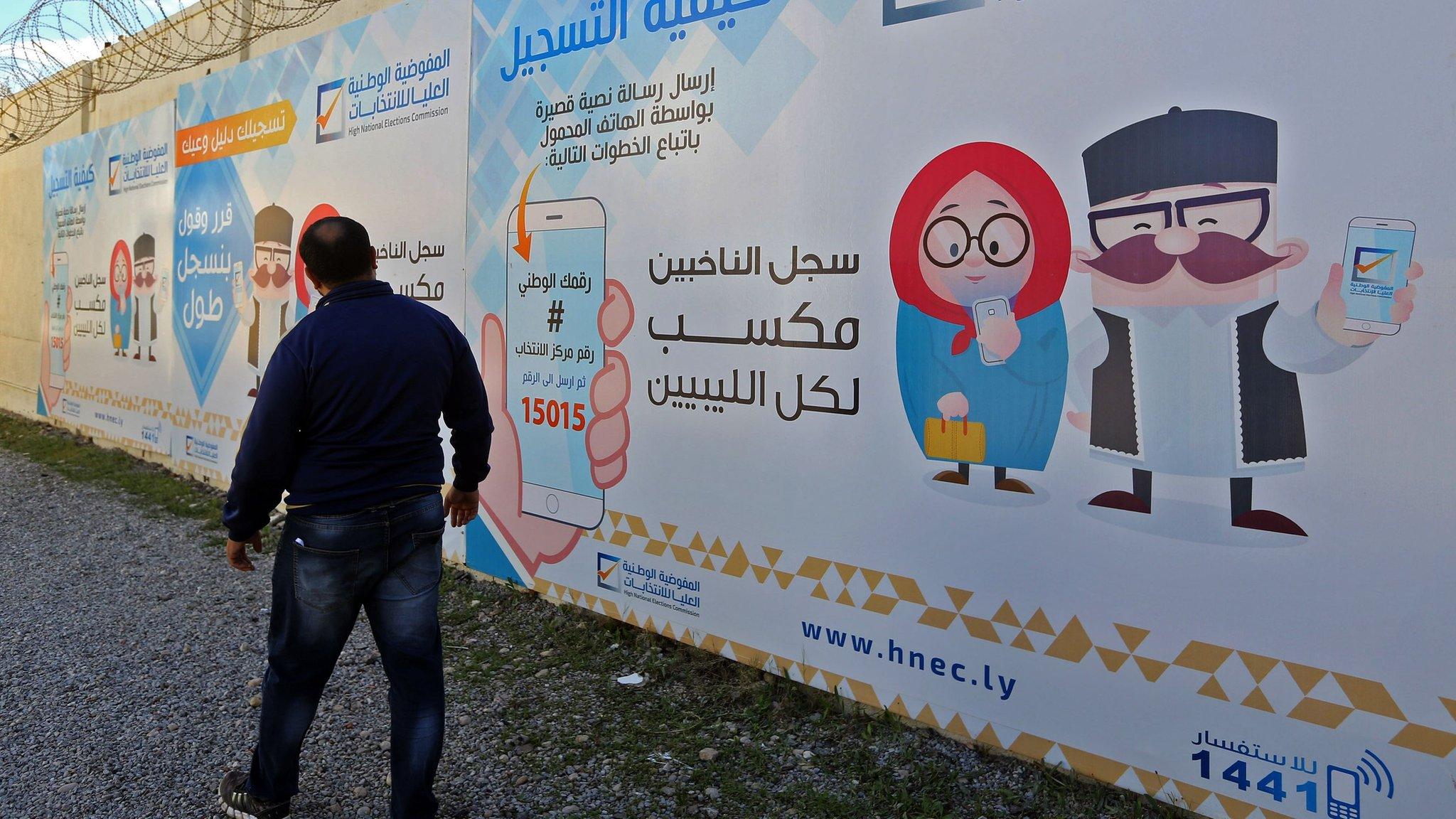 Man stands in front of Libyan election poster