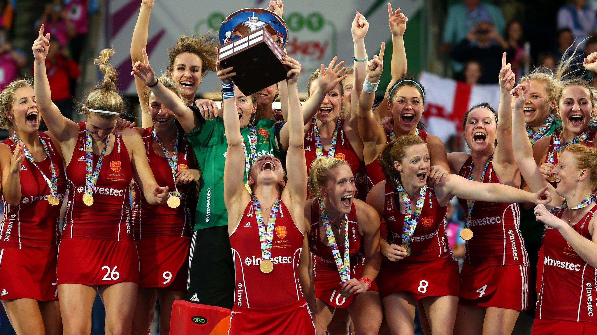 Kate Richardson-Walsh celebrates England's EuroHockey win in August