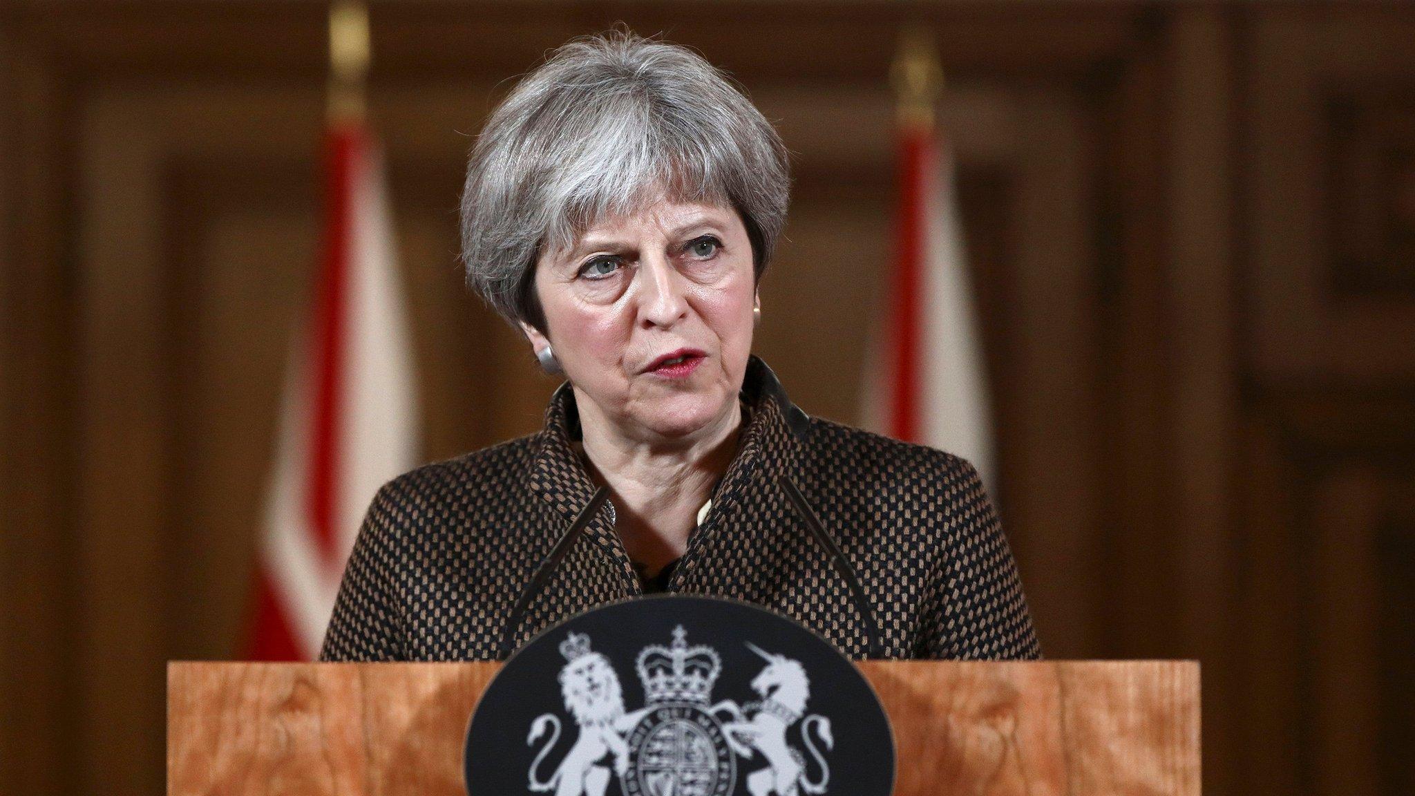 Theresa May at a Downing Street press conference on the air strikes against Syria