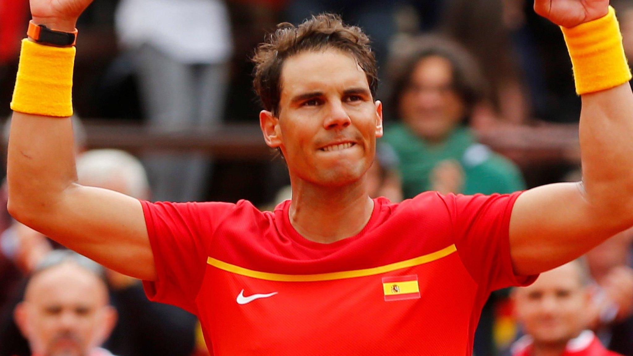 Spain's Rafael Nadal celebrates on court after victory in the Davis Cup quarter-finals