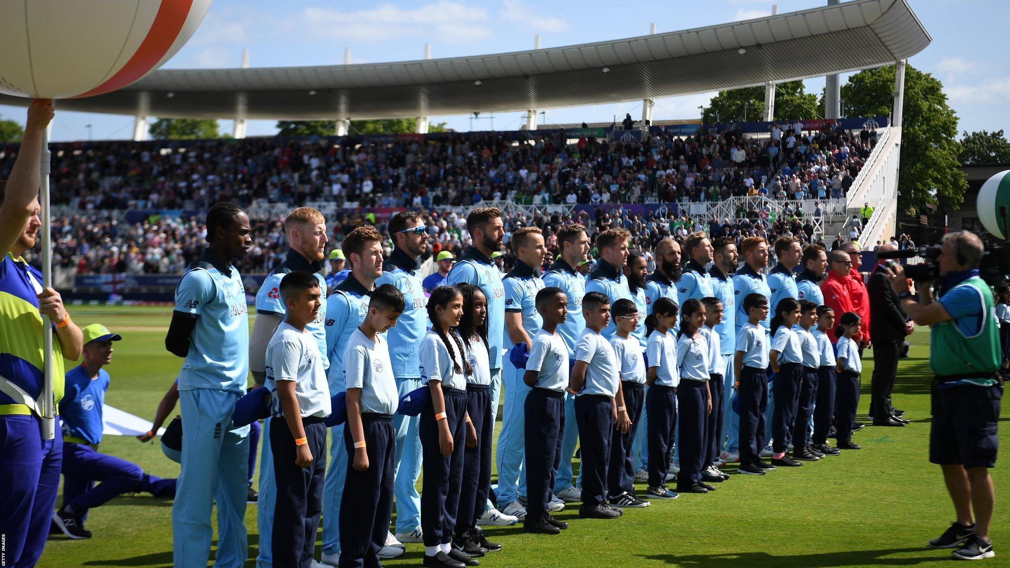 Nottingham, England, 3 June: The England side line up for the national anthems during the Group Stage match of the ICC Cricket World Cup 2019 between England and Pakistan at Trent Bridge. (Photo by Gareth Copley/Getty Images)