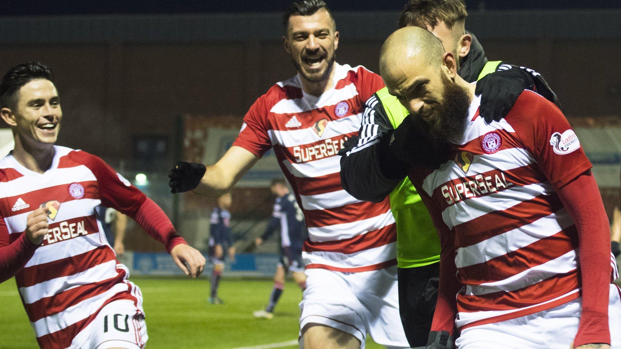 Hamilton celebrate Georgios Sarris' goal to put them 2-1 up