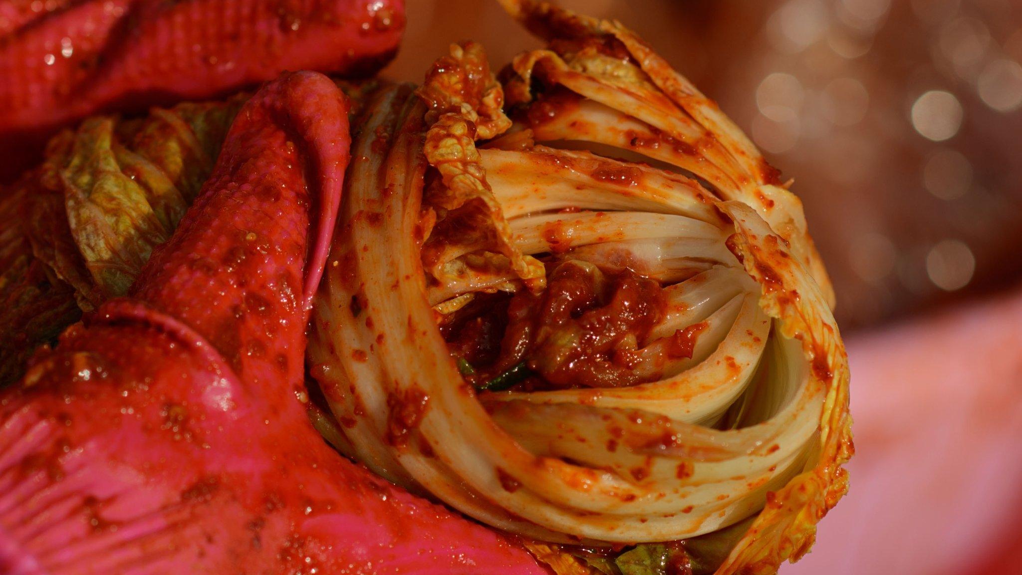 A rolled up handful of kimchi