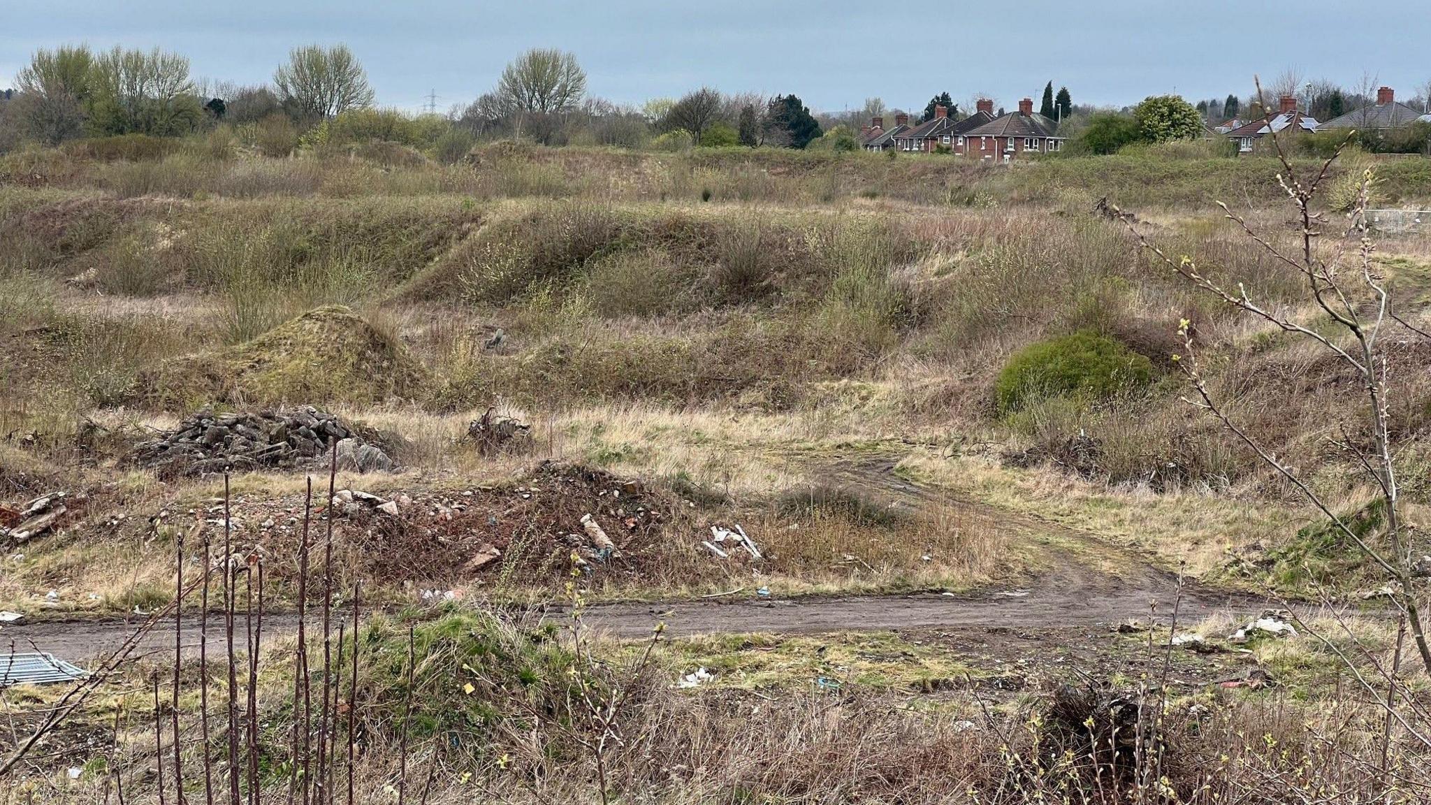 An area of land with vegetation, with houses in the distance.