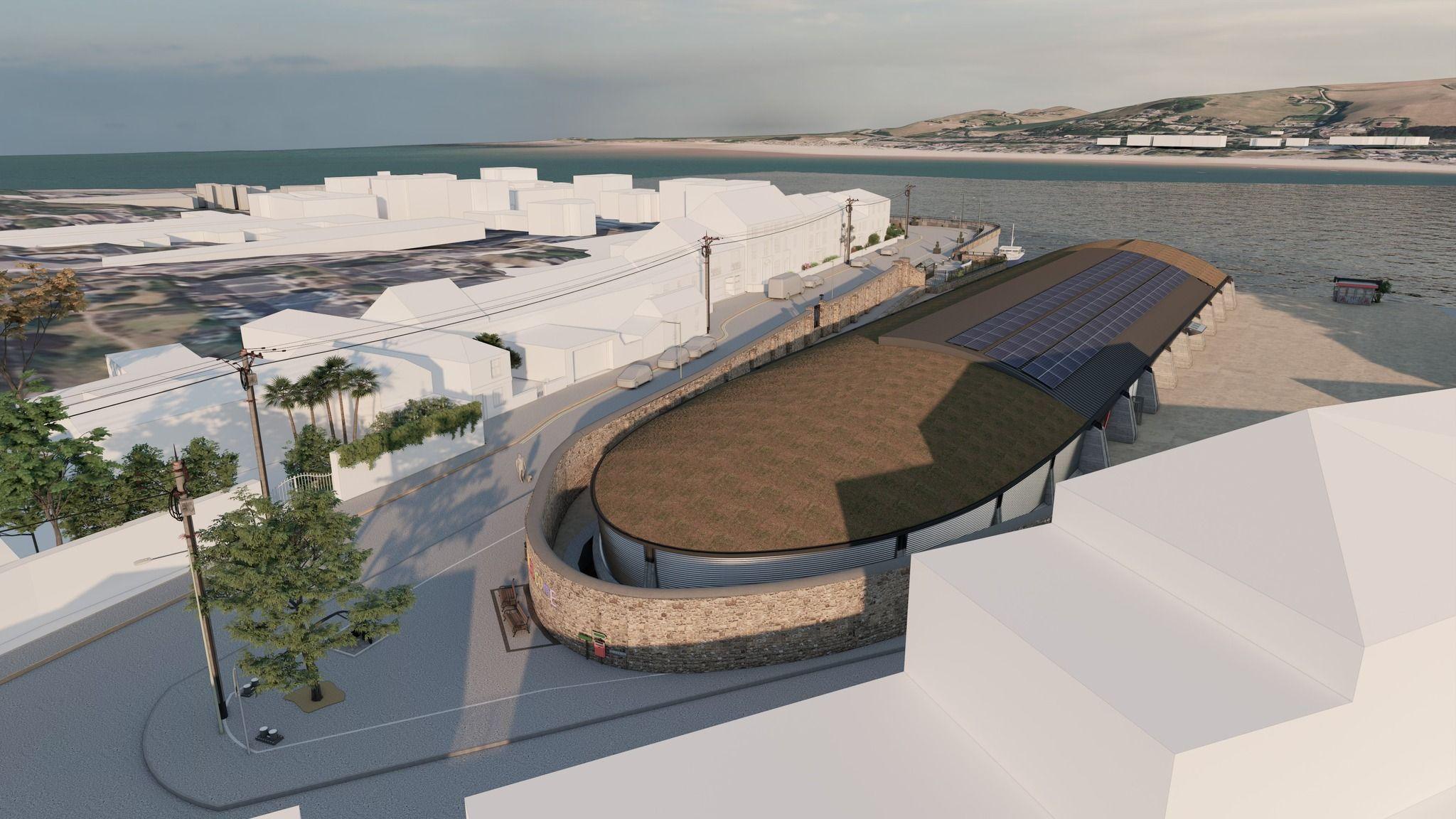 An artist's impression of the covered site at Richmond Dock in Appledore with other buildings represented as white forms
