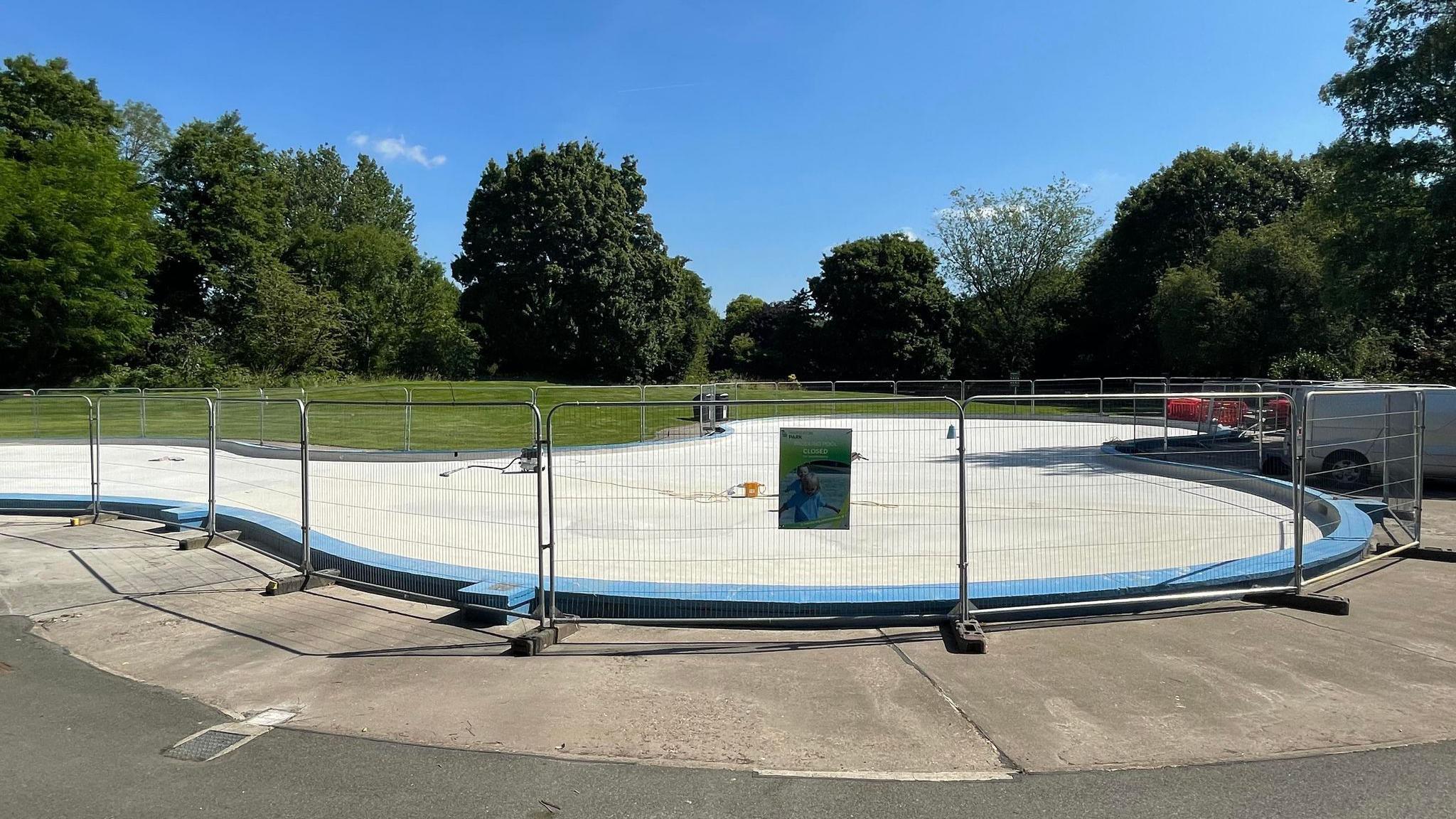 The fenced off pool at Markeaton Park