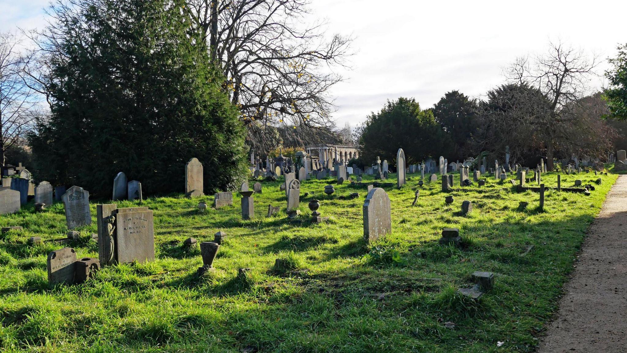 A cemetery full of graves with lots of grass.