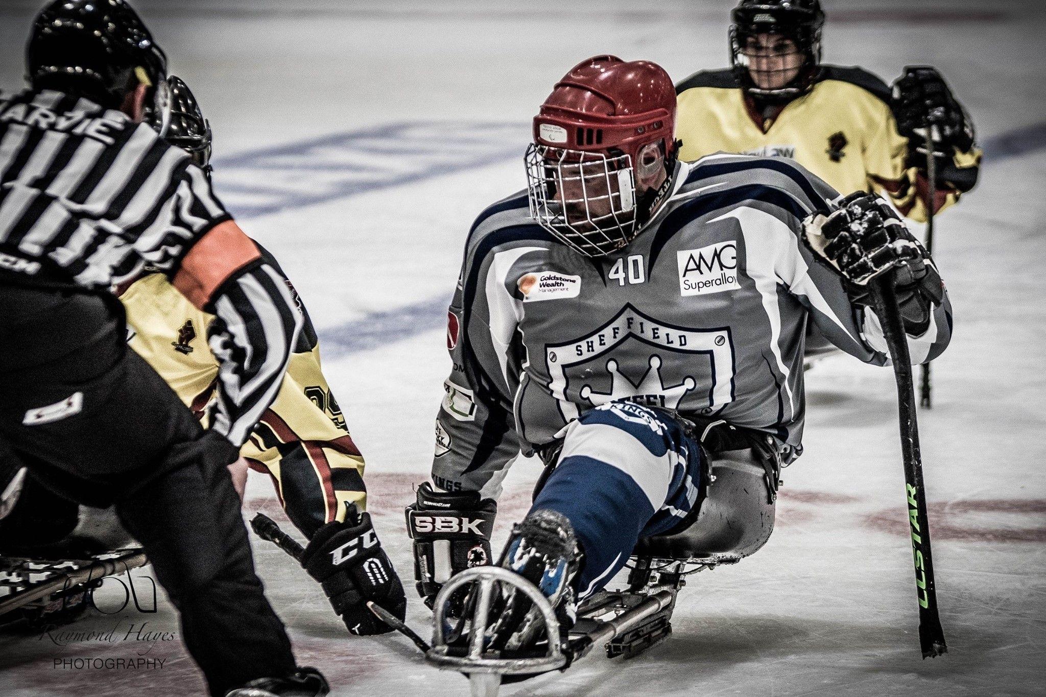 Mark Briggs wears a bespoke ice skate during a match for the Sheffield Steelkings