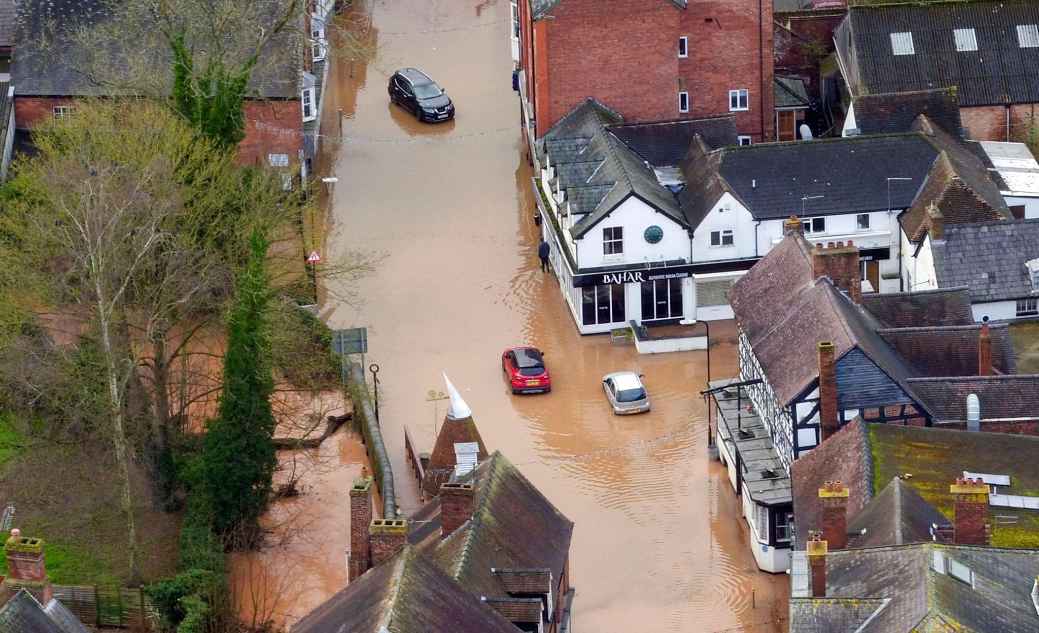 Flood water in Tenbury Wells in the aftermath of a storm.