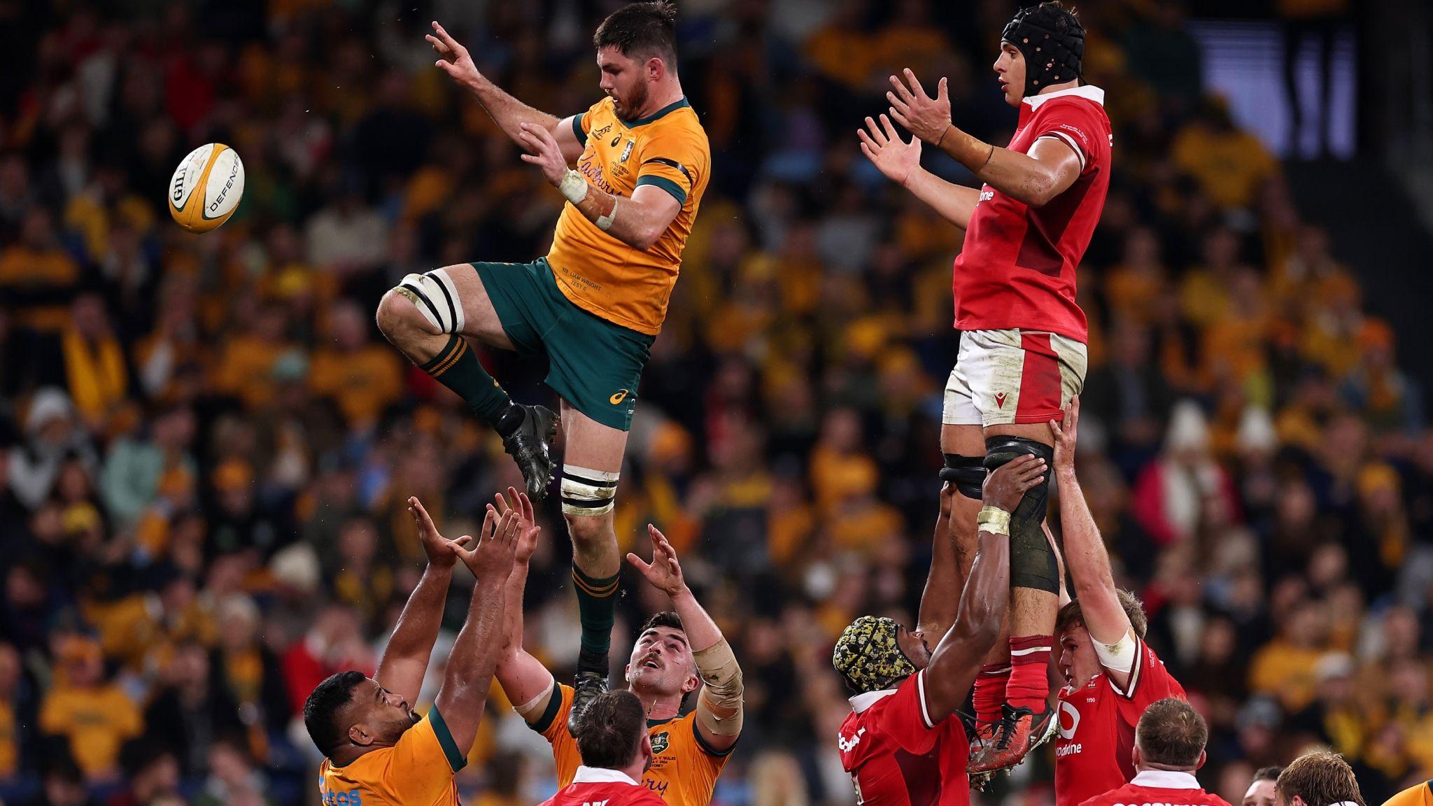 iam Wright of Australia steals the line out during the men's International Test match against  Wales in Sydney 