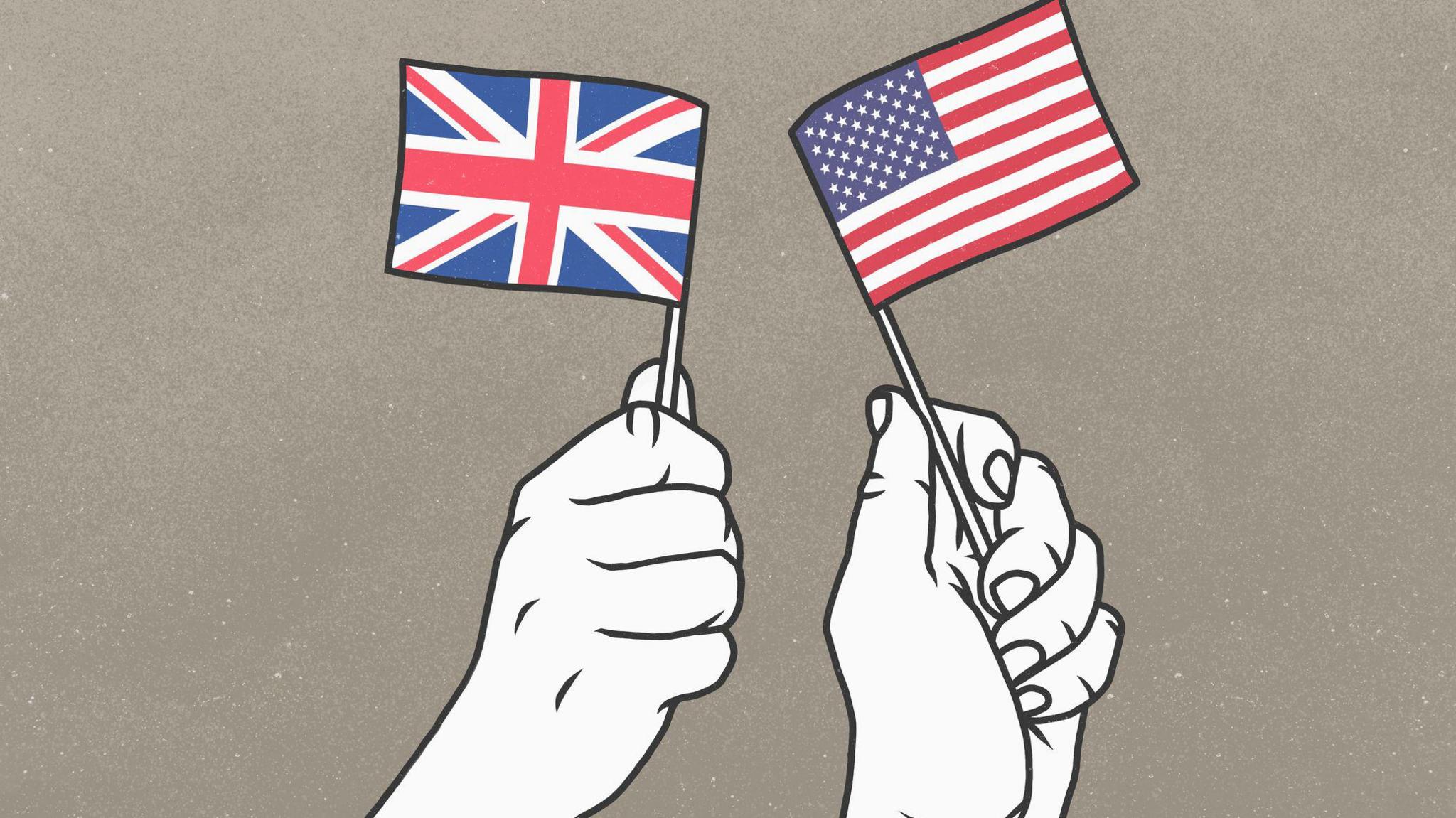 A cartoon image shows two hands, in black and white, waving a US and a UK flag in colour