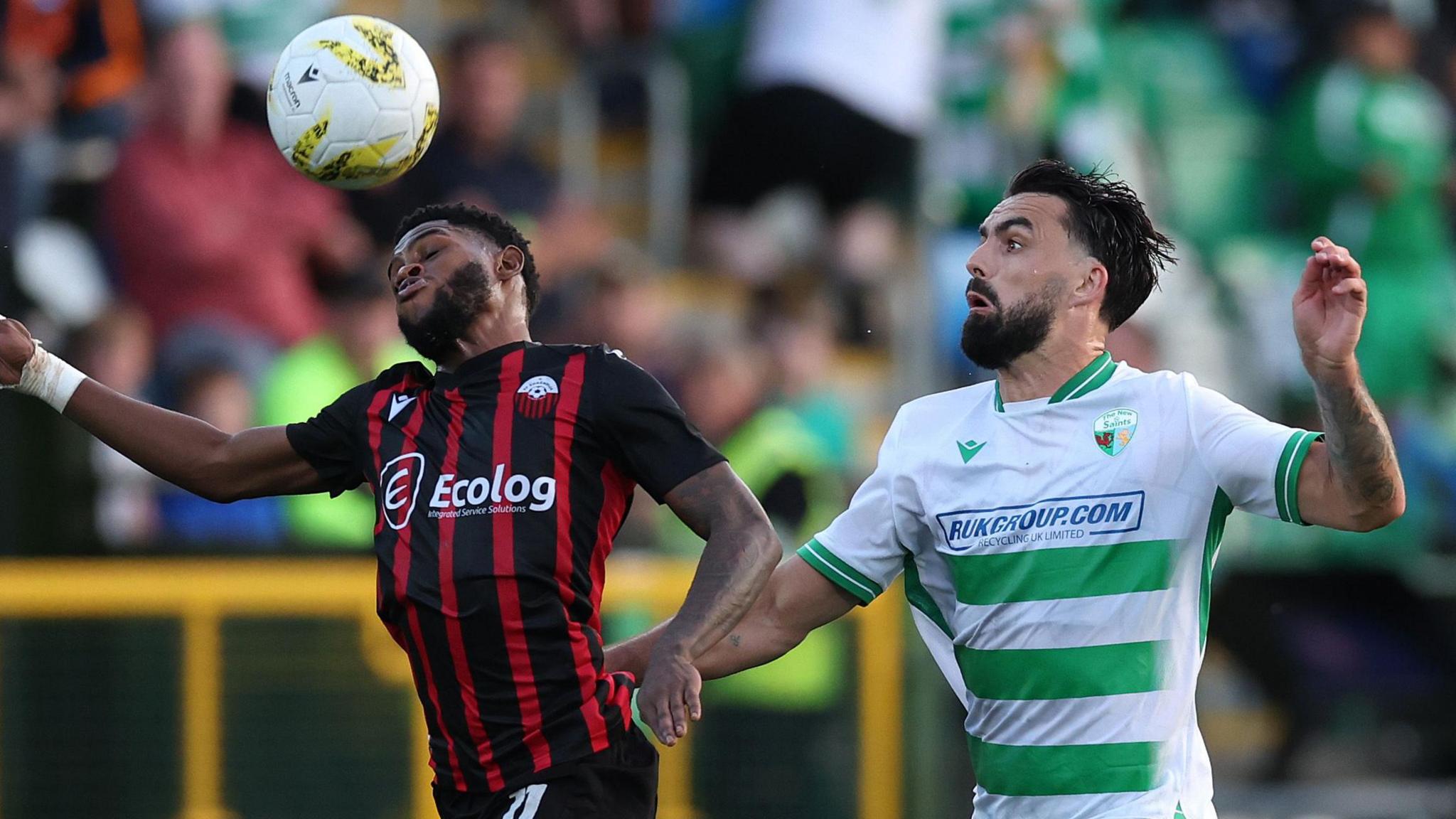 Jordan Williams (right) in action against Shkendija's Ronaldo Webster in the first leg at Park Hall