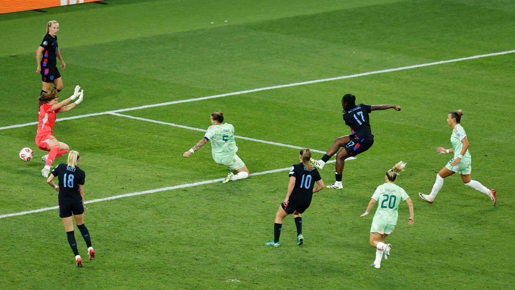 agyemang kicking the football past italy's goalkeeper as other players look on