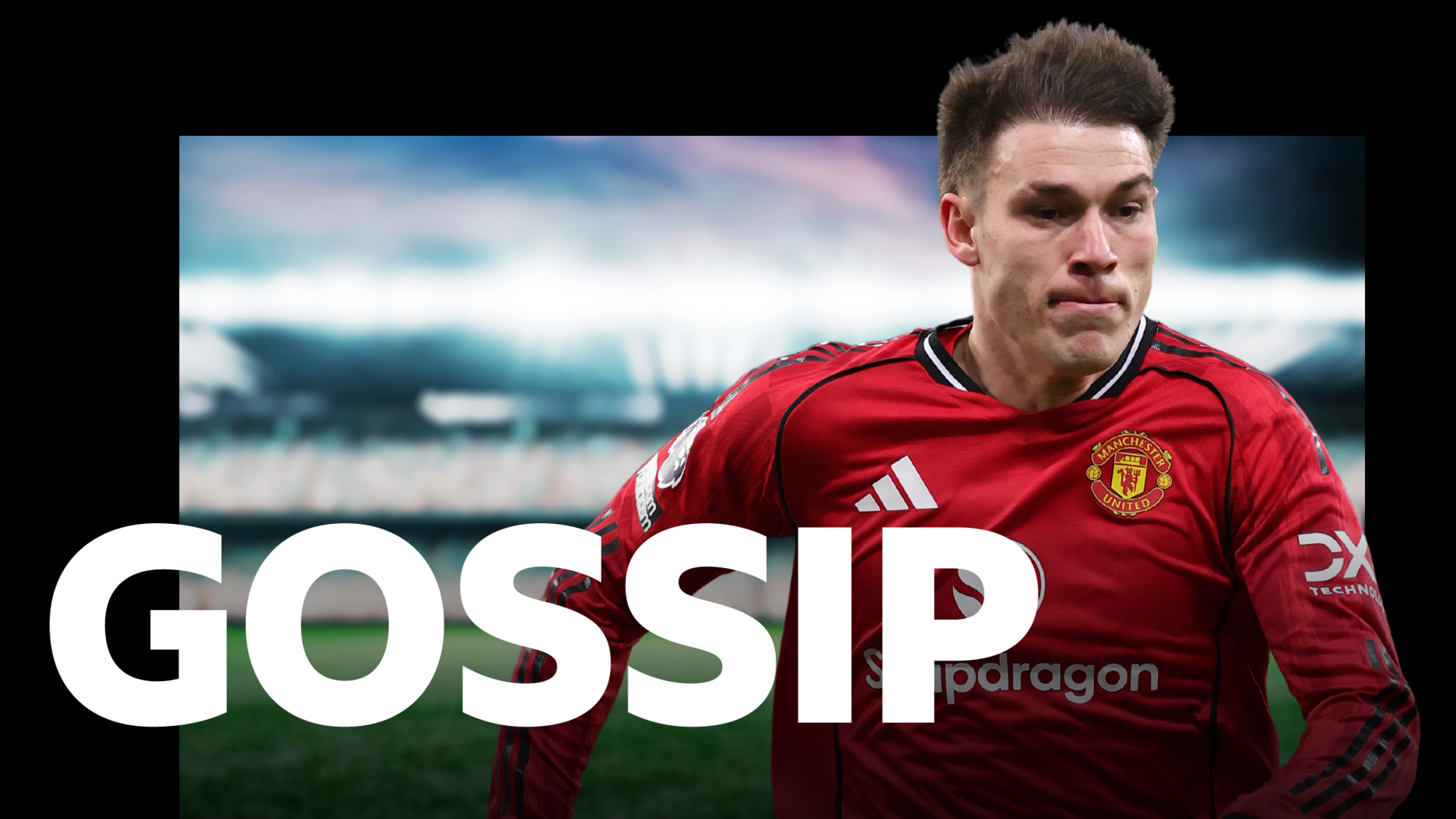 Manuel Ugarte in action for Manchester United behind a banner saying gossip