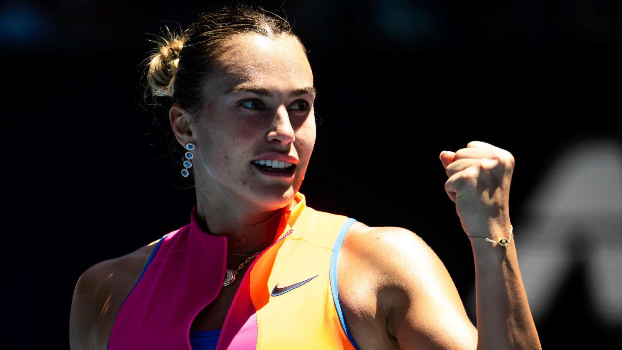 Aryna Sabalenka celebrates her quarter-final win over Iva Jovic