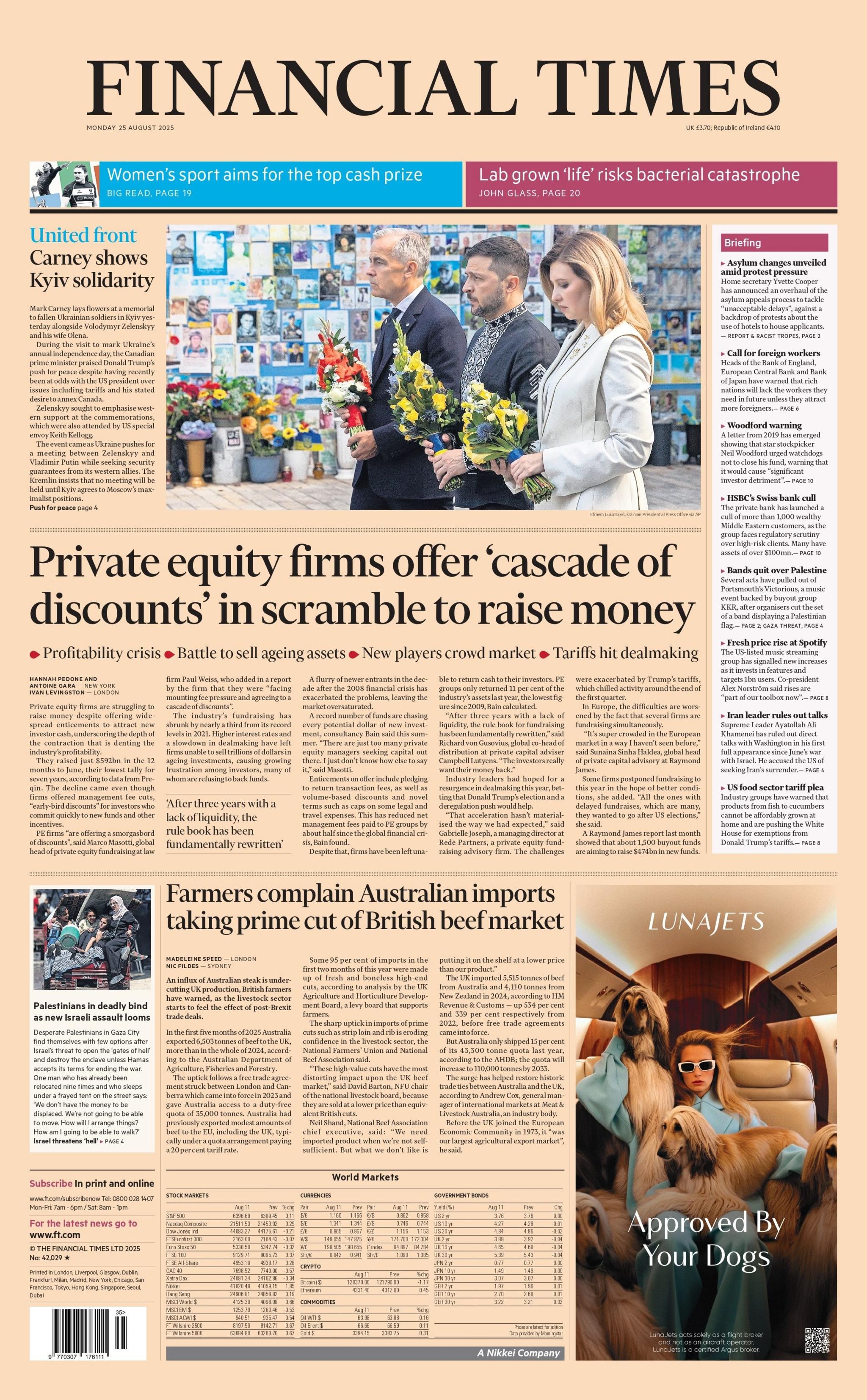 The headline on the front page of the Financial Times reads: "Private equity firms offer 'cascade of discounts' in scramble to raise money".
