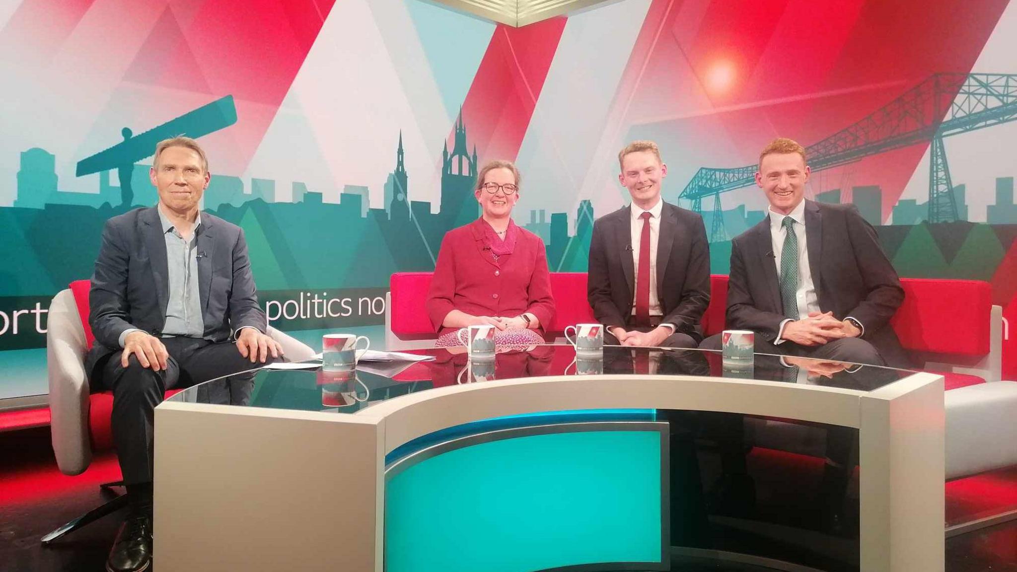 (L-R) BBC Politics North presenter Richard Moss with Julia Aglionby, Luke Myer and Matty Jackson