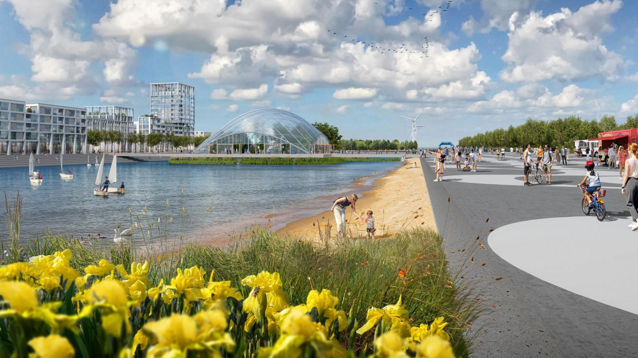 A CGI mock-up of a body of water at Heyford Park, with a large busy path next to it.