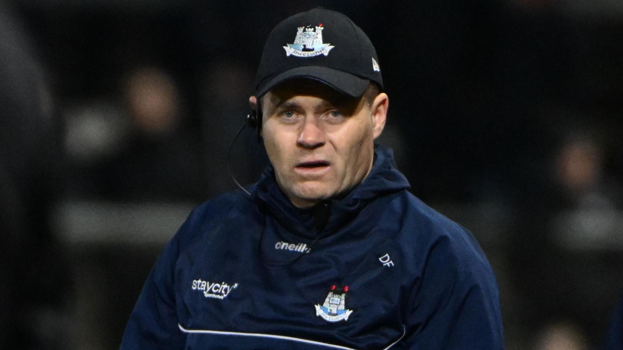 Dublin manager Dessie Farrell looks in the direction of a linesman and fourth official during his side's Division One defeat by Armagh on Saturday night