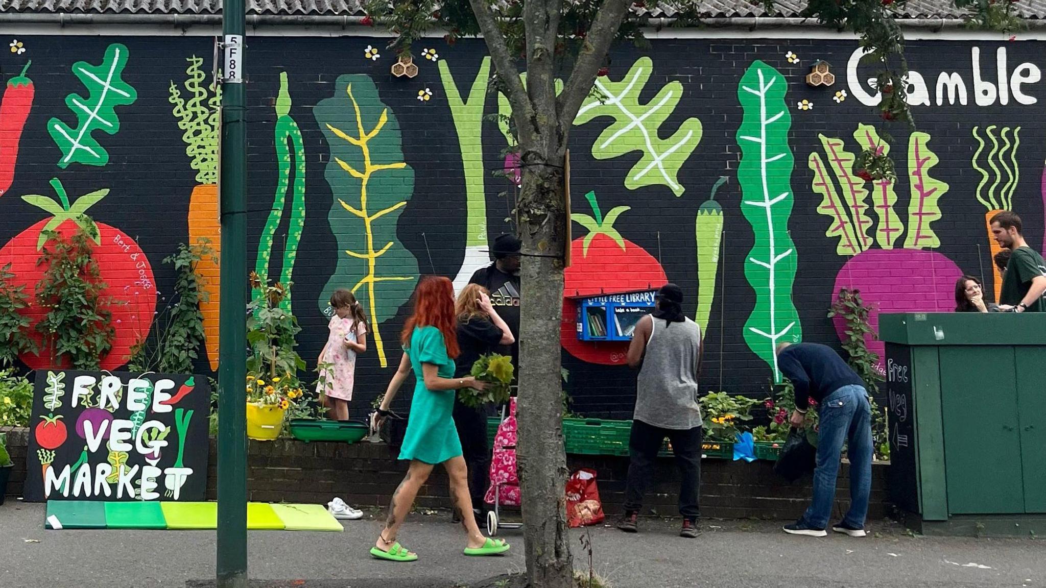 Pictured is Gamble Street Corner with a vegetable mural painted on the wall and various plants.