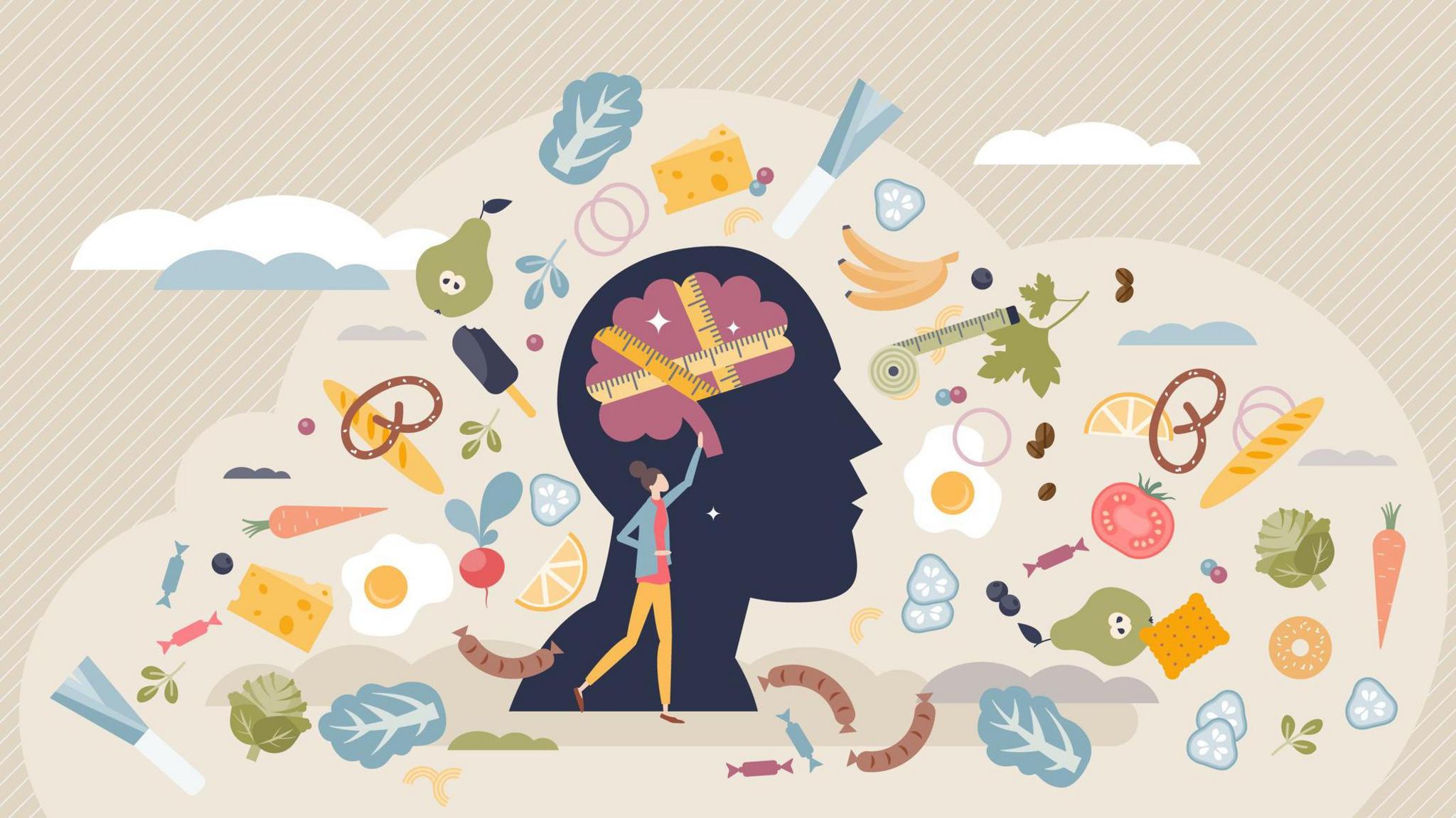 A graphic of a brain within the silhouette of a human head. The brain is wrapped in a tape measure and the  head is surrounded by pictures of different foods.