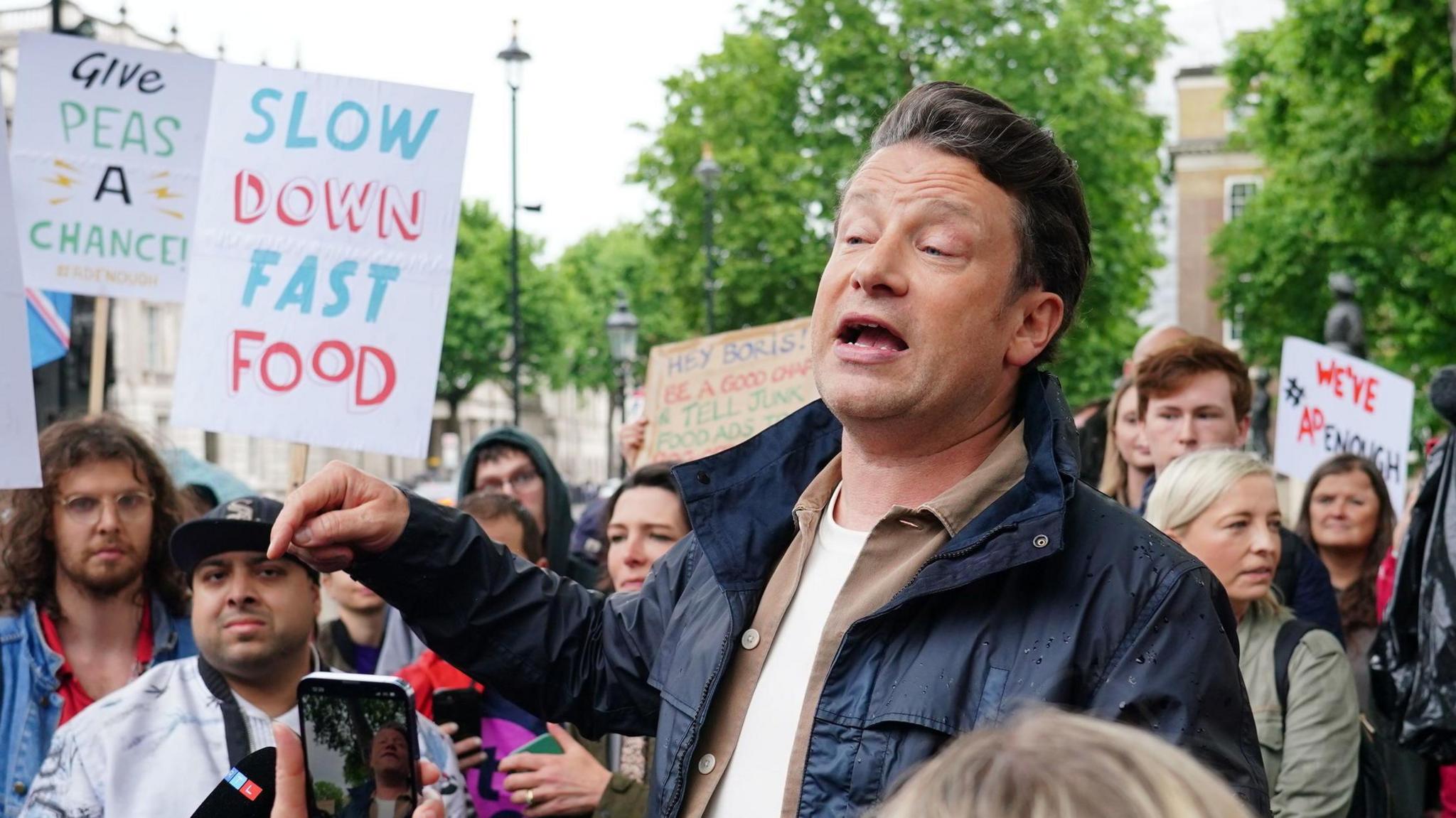 TV chef Jamie Oliver at a protest in 2022 after the previous government said it was dropping its anti-obesity strategy