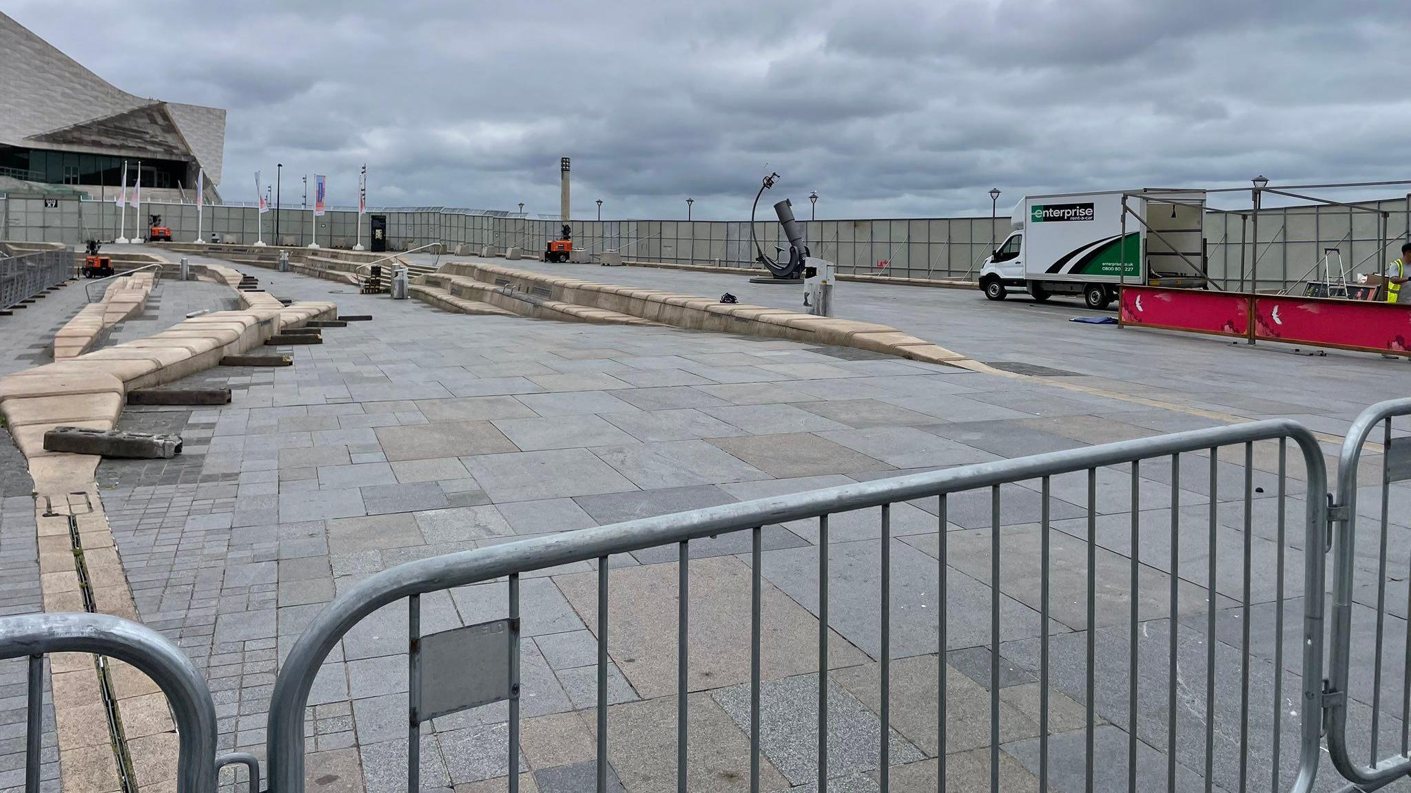 Fencing shown blocking view of River Mersey from Pier Head