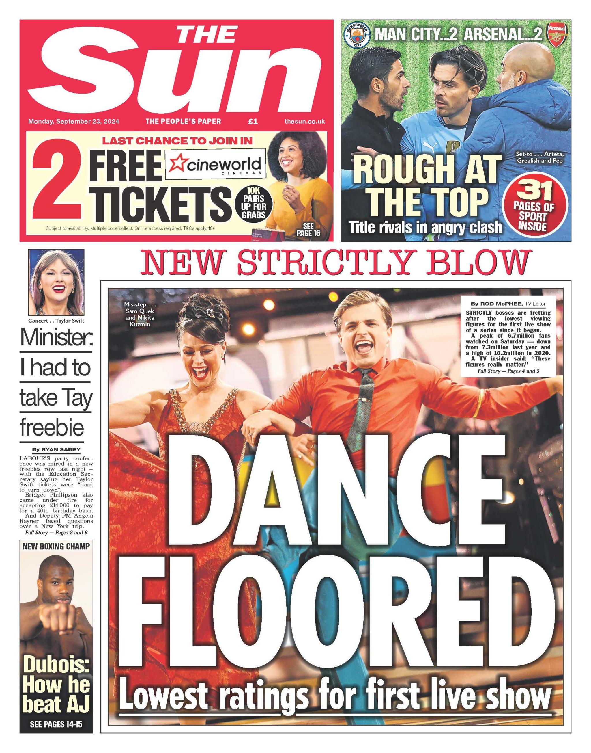 The Sun headline reads: Dance Floored - Lowest ratings for first live show