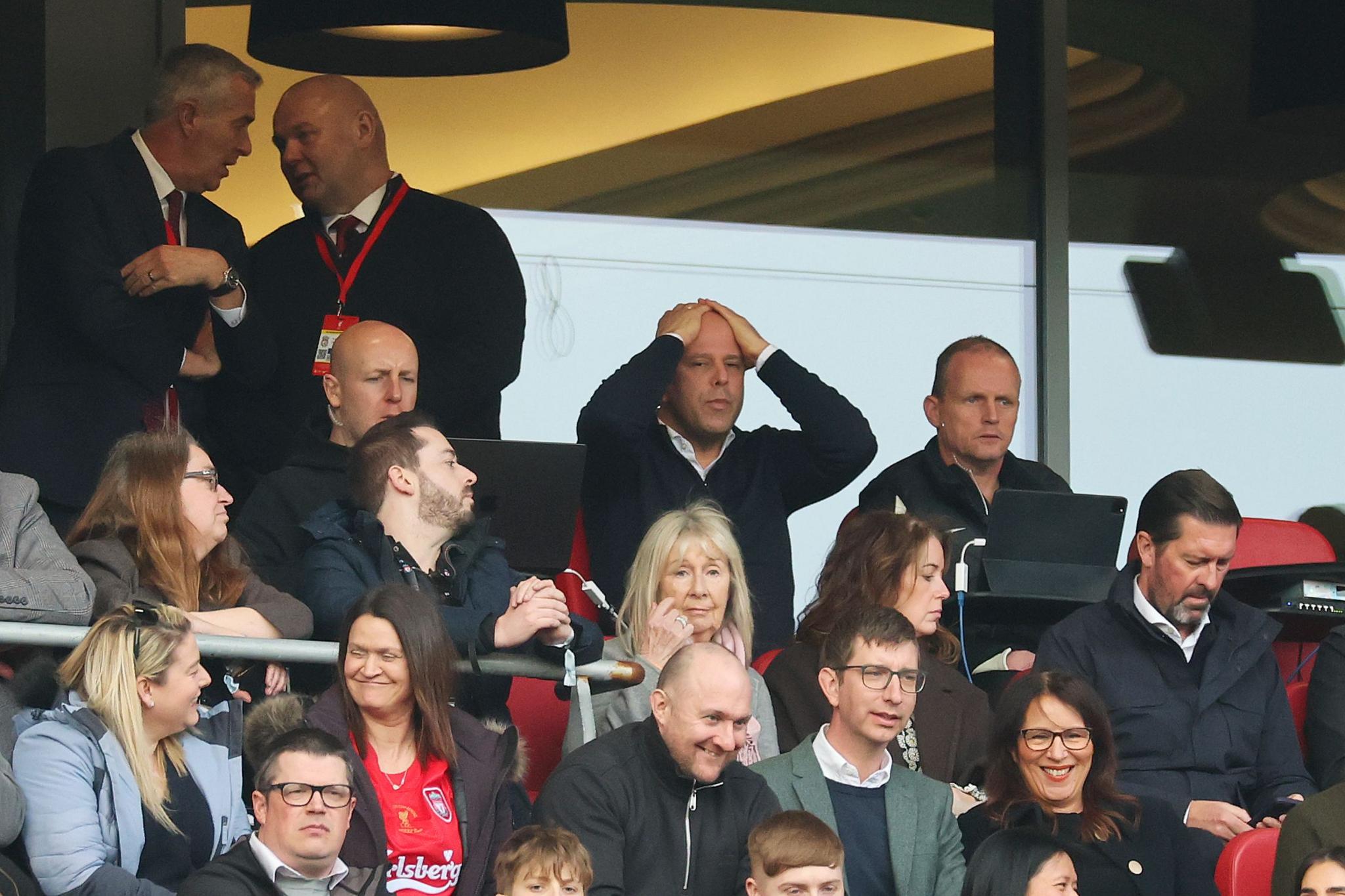 Liverpools manager Arne Slot reacts from the stand, whilst serving a two game touchline ban during the Premier League match between Liverpool and Southampton at Anfield 