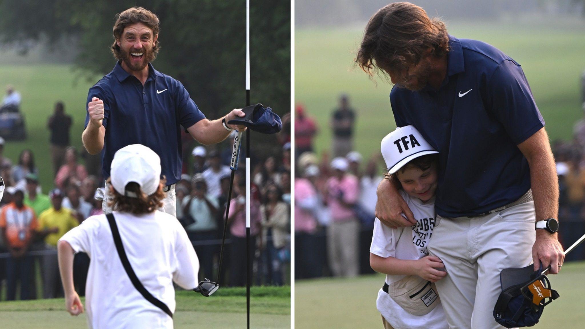 Tommy Fleetwood's son Frankie runs on to the 18th green to celebrate with him in Delhi