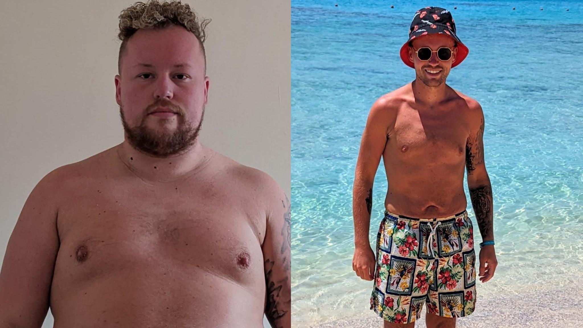 On the left Joshua Hilton is overweight. On the right and after his diet he is slim