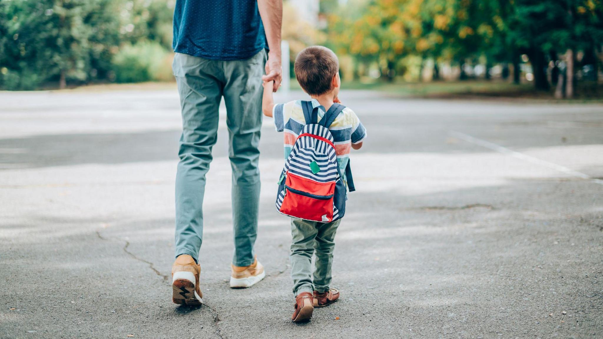 A man holds the hand of a young boy as they walk with their backs to the camera.