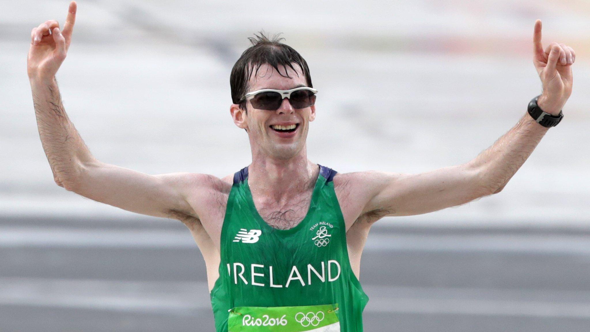 Paul Pollock crosses the finishing line in last year's Olympic Marathon in Rio