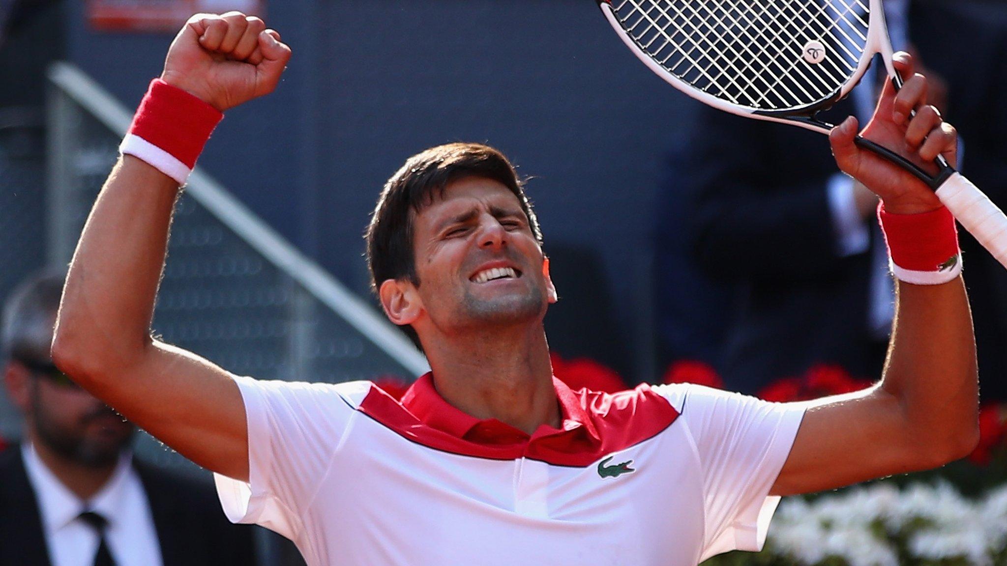 Novak Djokovic celebrates his victory over Kei Nishikori in round one of the Madrid Open