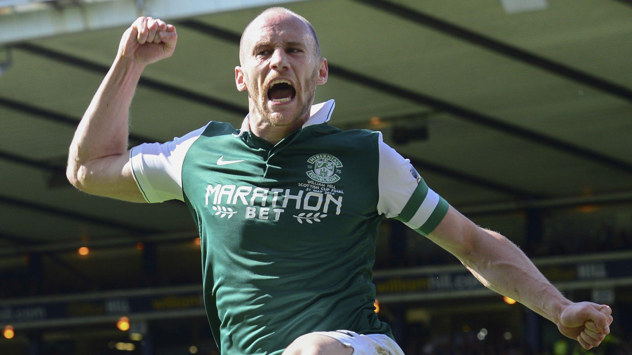 David Gray celebrates scoring Hibs' winner