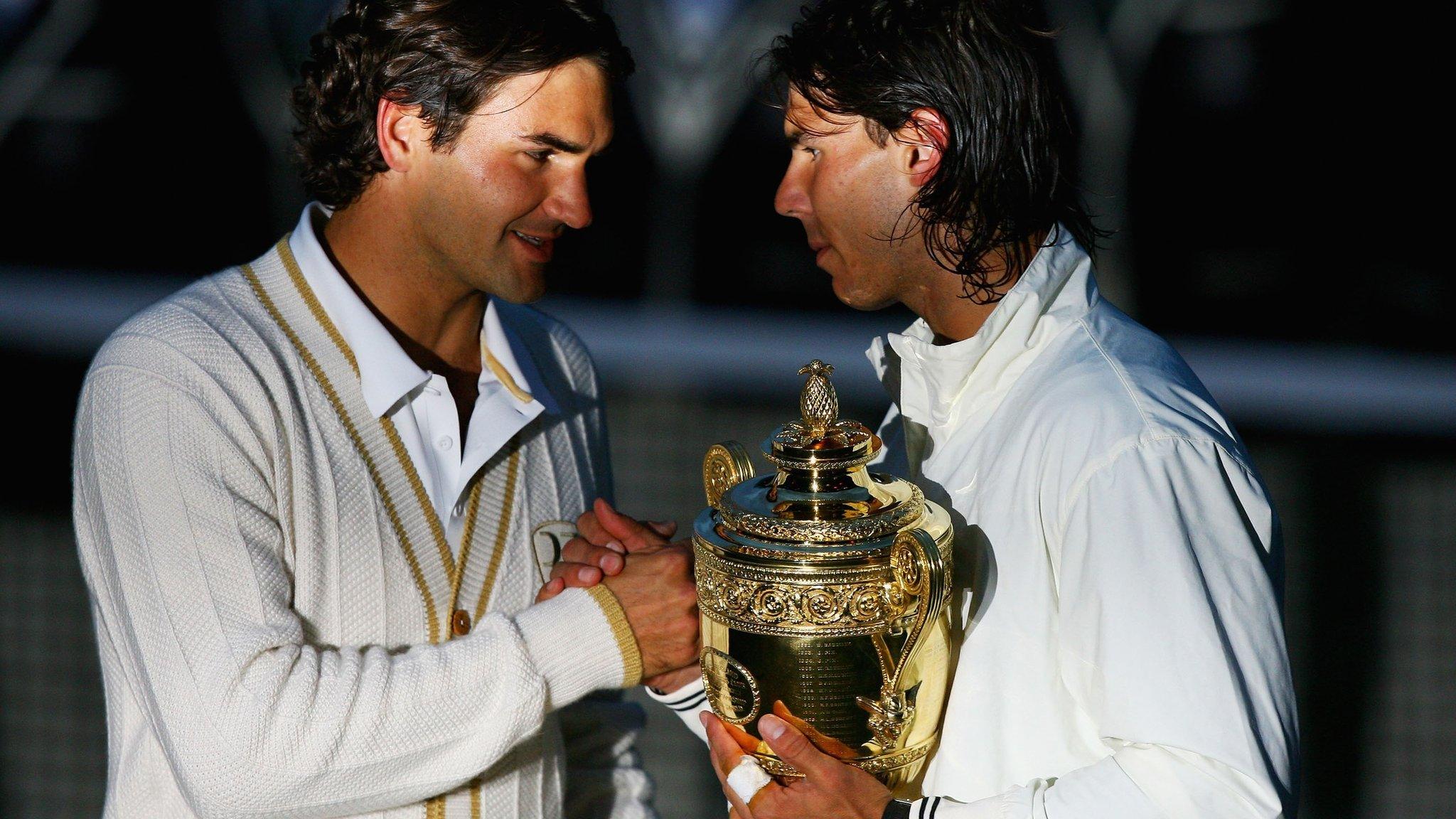 Roger Federer and Rafael Nadal after the 2008 Wimbledon men's singles final