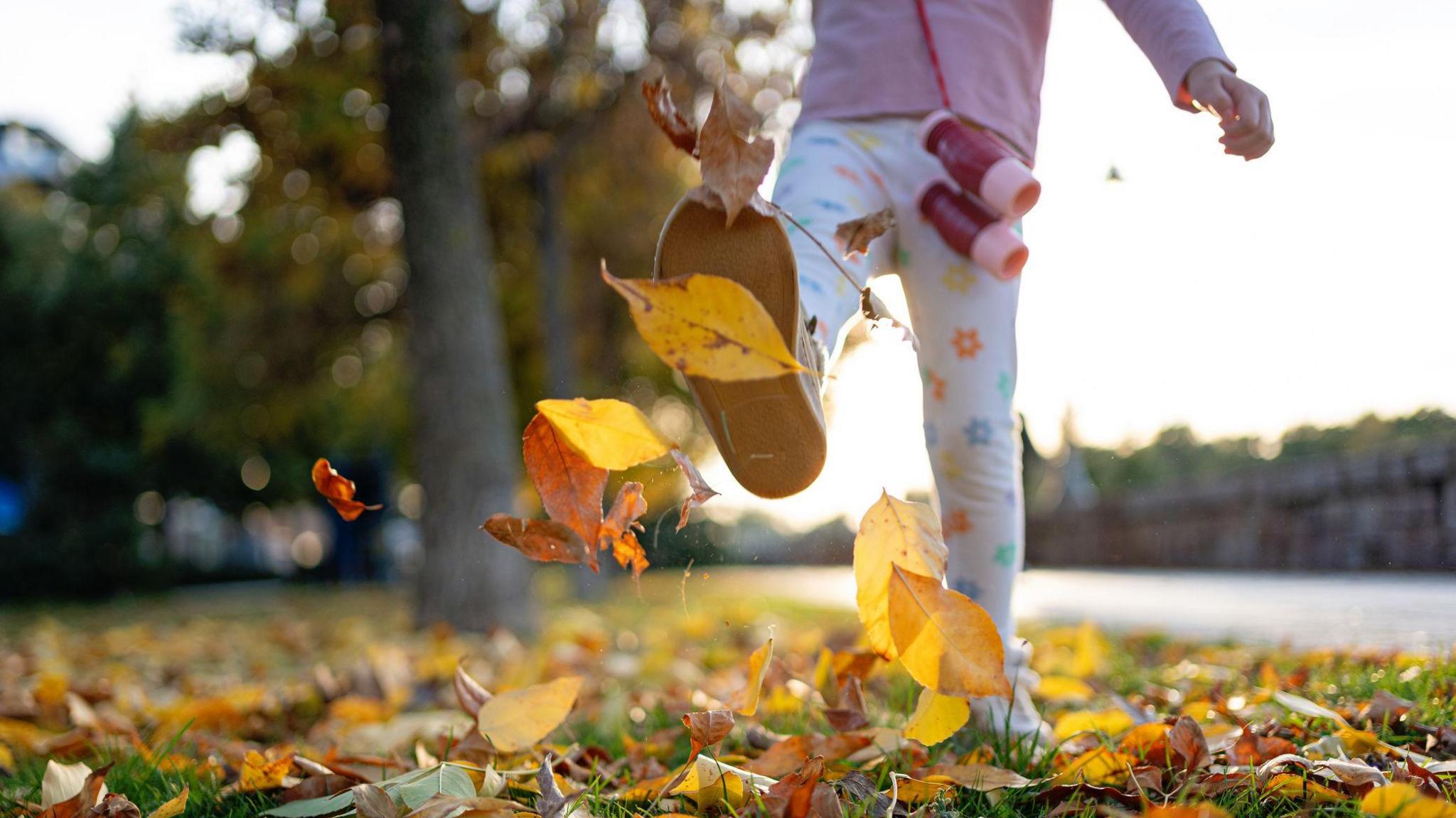 Legs of a child wearing leggings, wearing a pink long sleeved t-shirt and binoculars. They are kicking Autumn leaves.