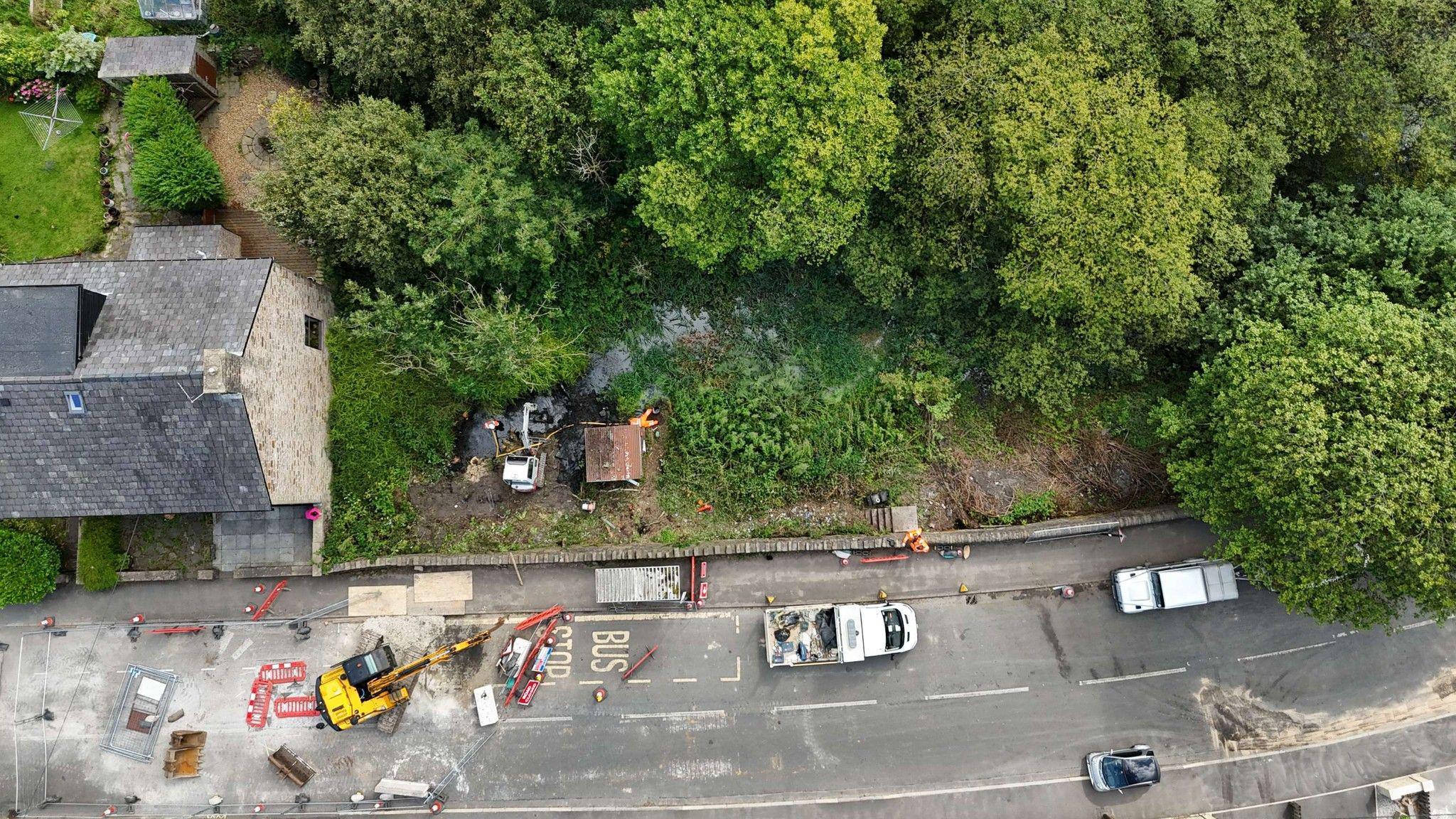 An overhead shot of the sinkhole site