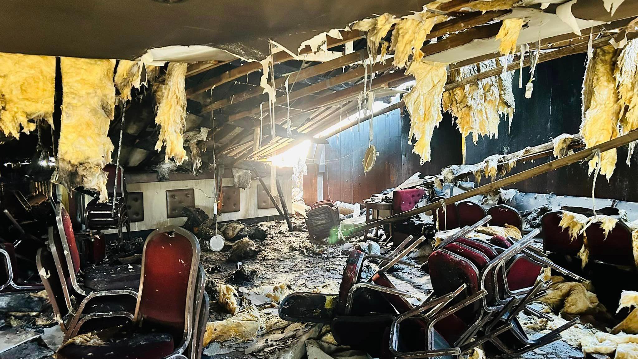 A bar area that was damaged in the fire at the stadium 