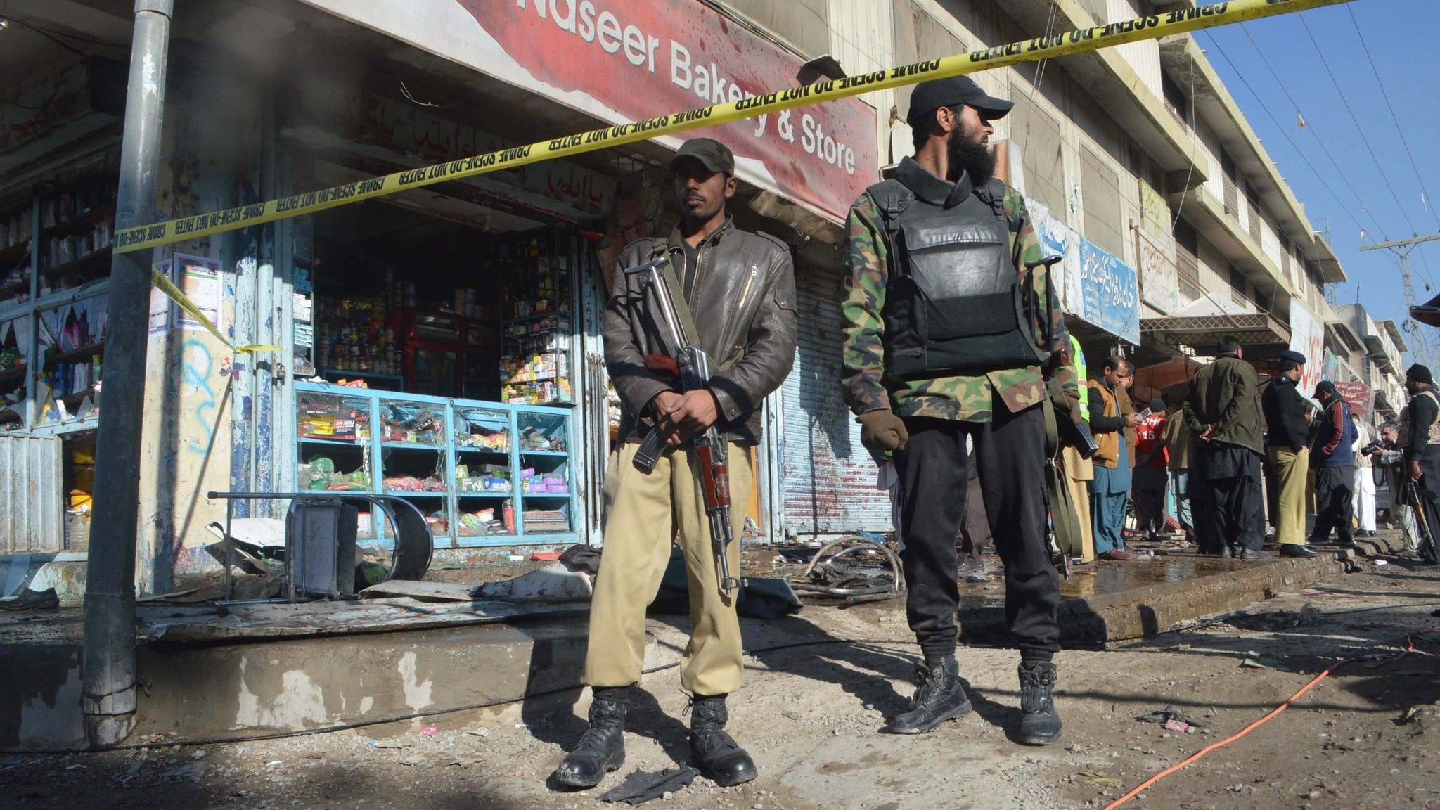 Pakistani security officials at the scene of the bomb blast in Quetta, Pakistan, on 13 January 2016