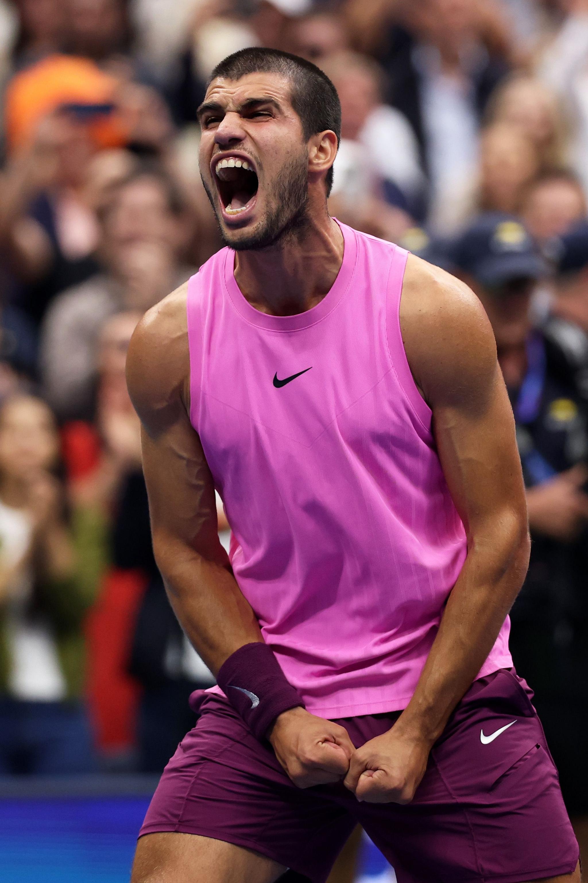 Spain's Carlos Alcaraz celebrates after his four set victory against Jannik Sinner of Italy during their Men's Singles Final match on Day Fifteen of the 2025 US Open at USTA Billie Jean King National Tennis Center in New York. Photo by Clive Brunskill