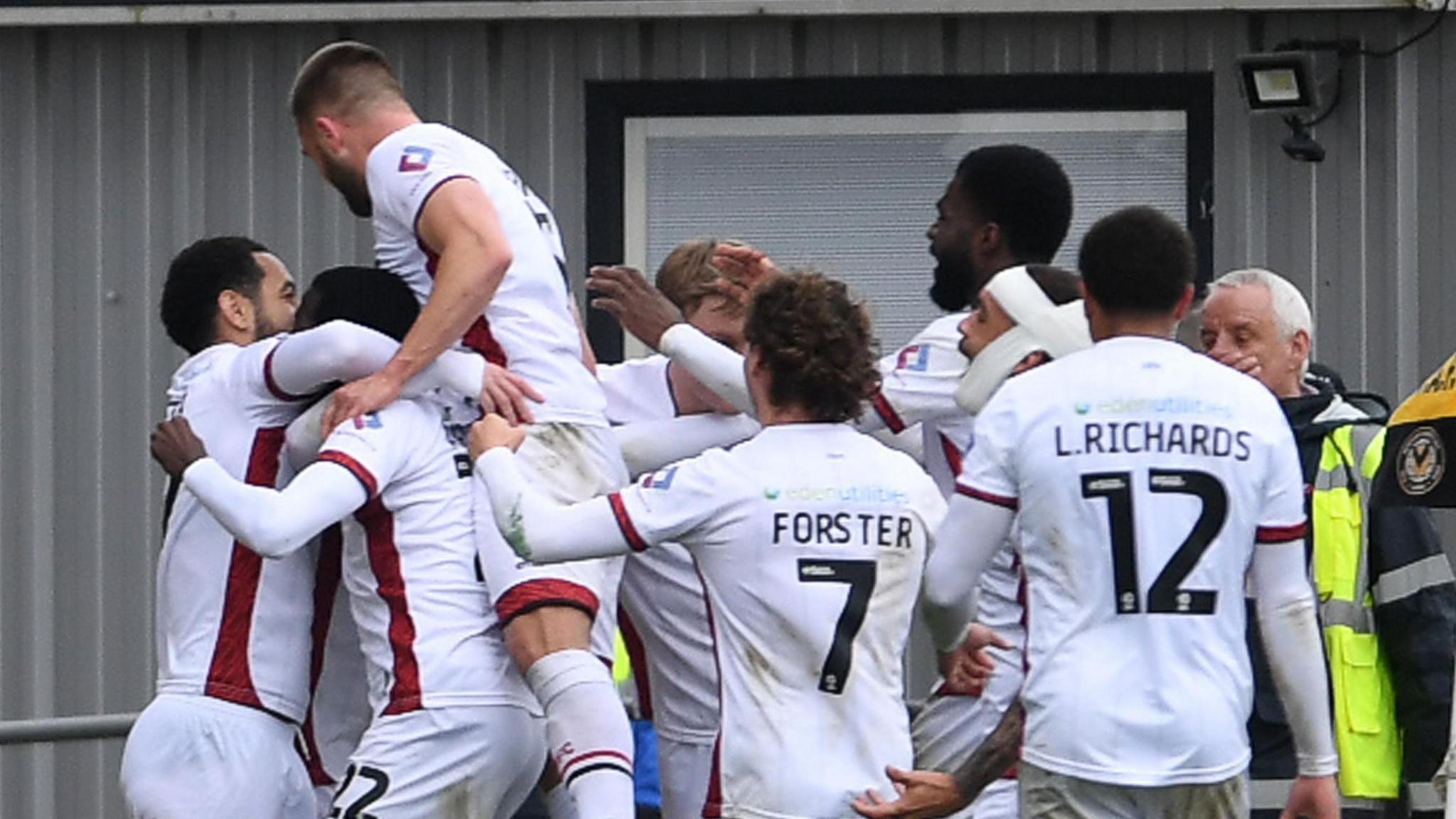 Crawley celebrating their first goal during their 2-0 victory over Newport County