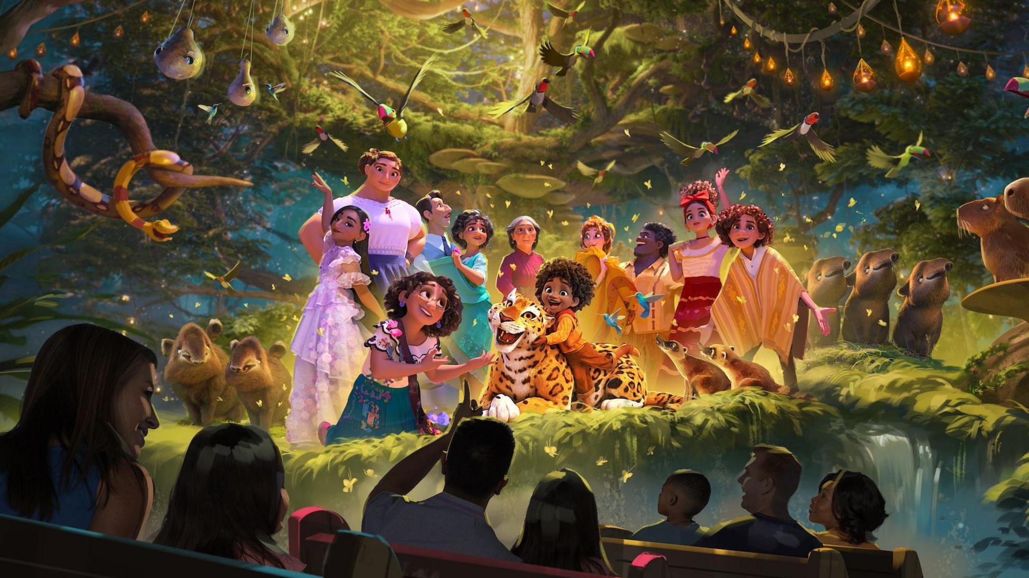 A scene from the new Encanto ride is shown in an artist impression. Characters from the Disney Animation film are seen performing as a ride vehicle filled with people passes by