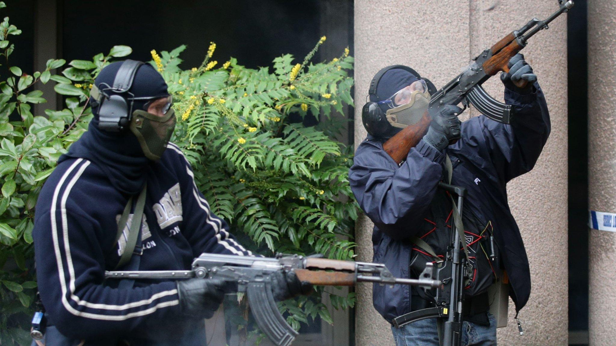 Firearms instructors play the role of terrorists during a Metropolitan Police training programme for armed officers when responding to a terrorist firearms attack.